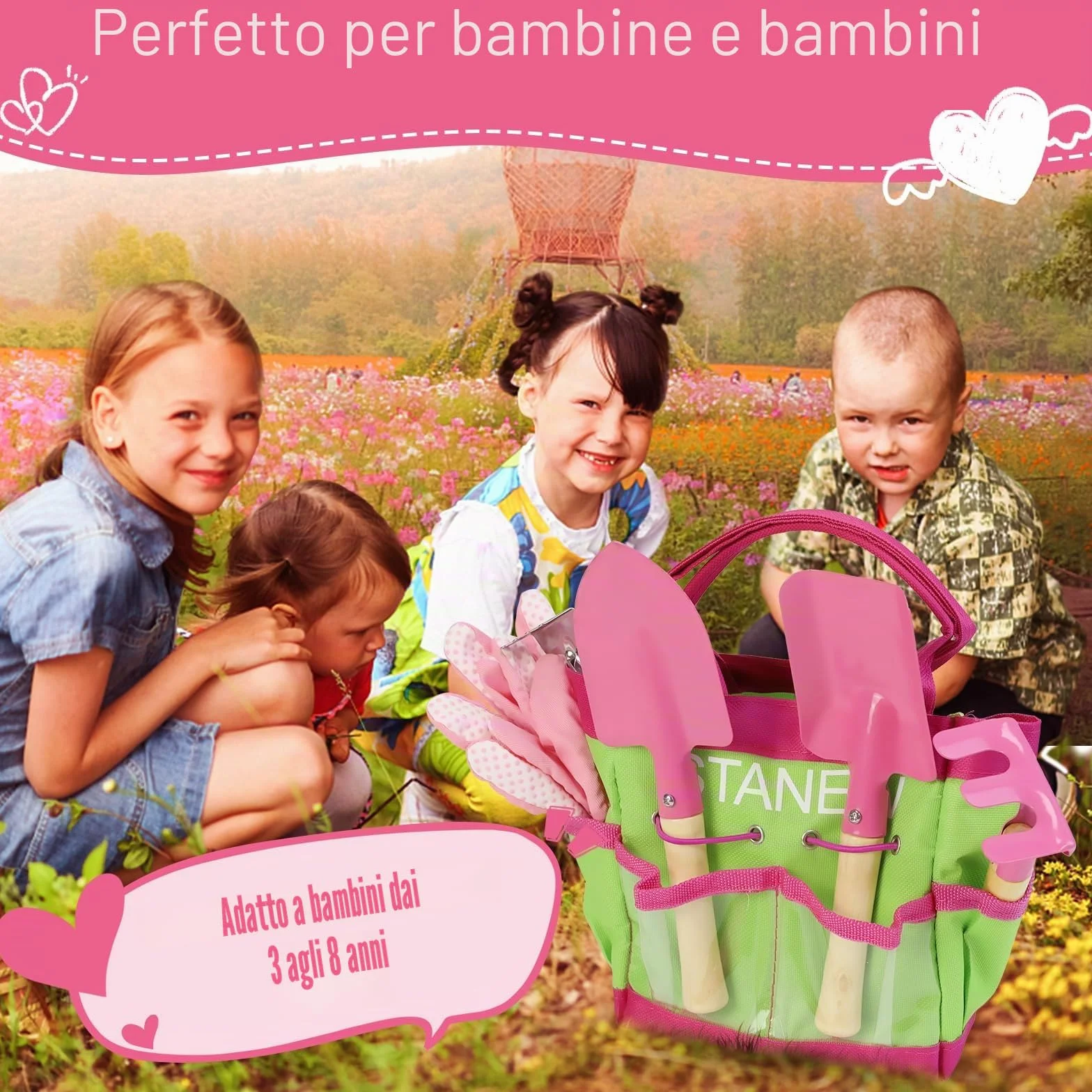 Stanew Set di Attrezzi da Giardino per Bambini, Set Giardino Bambini, Kit Giardinaggio Bambini (Rosa) Include Secchio, Grembiule,Guanti da Giardino per Bambini,Paletta Giardinaggio,Borsa da Giardino