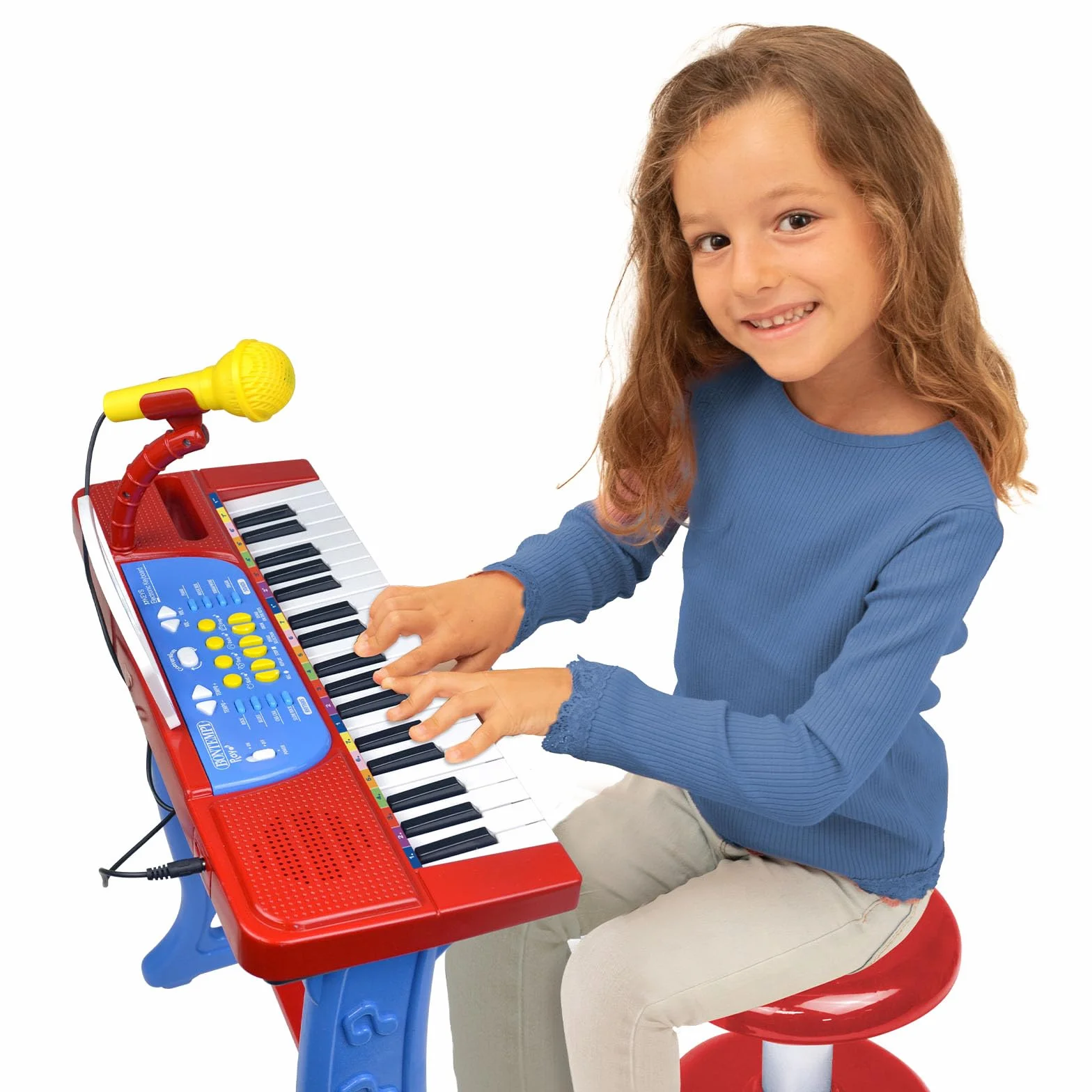Bontempi | MiniKeyFun - Tastiera Giocattolo a 37 Tasti per Piccoli Musicisti con Microfono, Sgabello e Leggio, Blu e Rosso, 54,4x32,9x15,9 cm