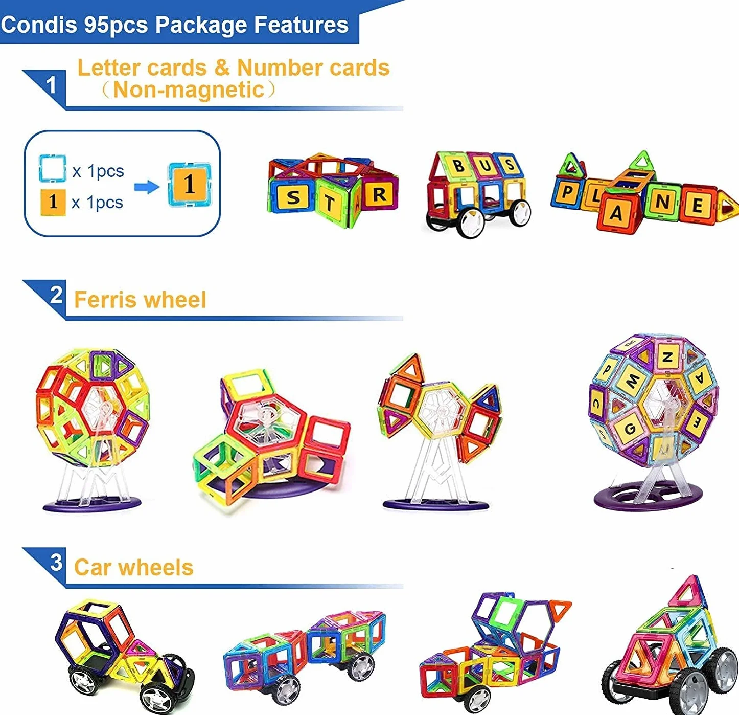 Condis 95 Pezzi Costruzioni Magnetiche Bambini 3-8 anni, Blocchi Calamite Gioco Educativi Regalo Montessori