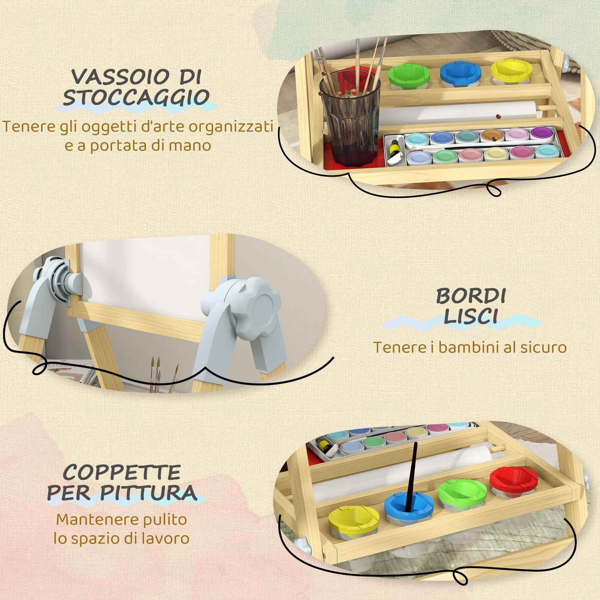 AIYAPLAY Cavalletto da Disegno per Bambini con Lavagna Doppia Magnetica, Vassoio Portamatite, Rotolo Carta Incluso, Legno Naturale