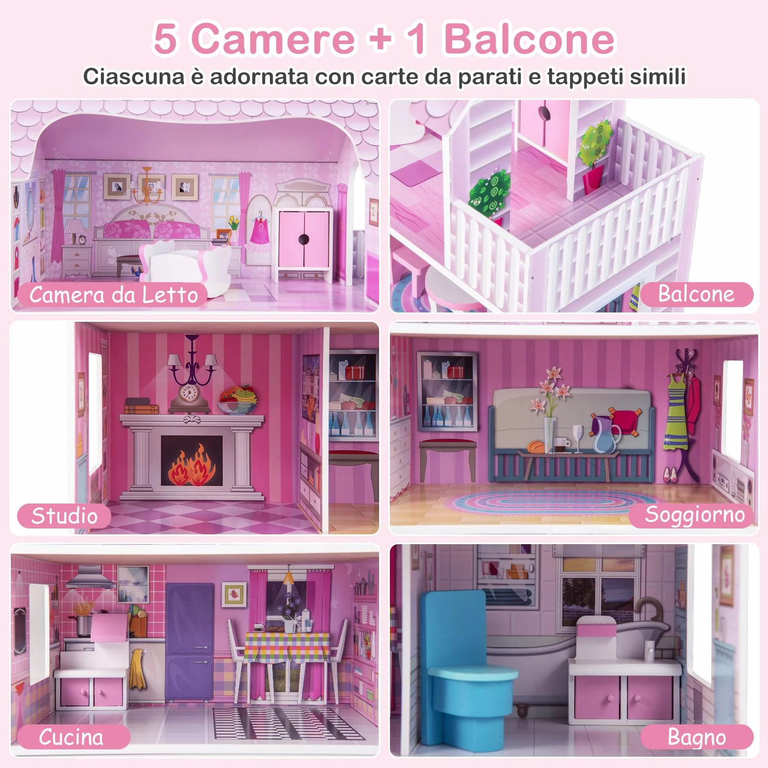 RELAX4LIFE Casa delle Bambole in Legno, 3 Piani, 5 Stanze, Mobili Rimovibili, Design Multicolore, Giocattolo Educativo per Bambini(Tre Piani delle Scoperte)
