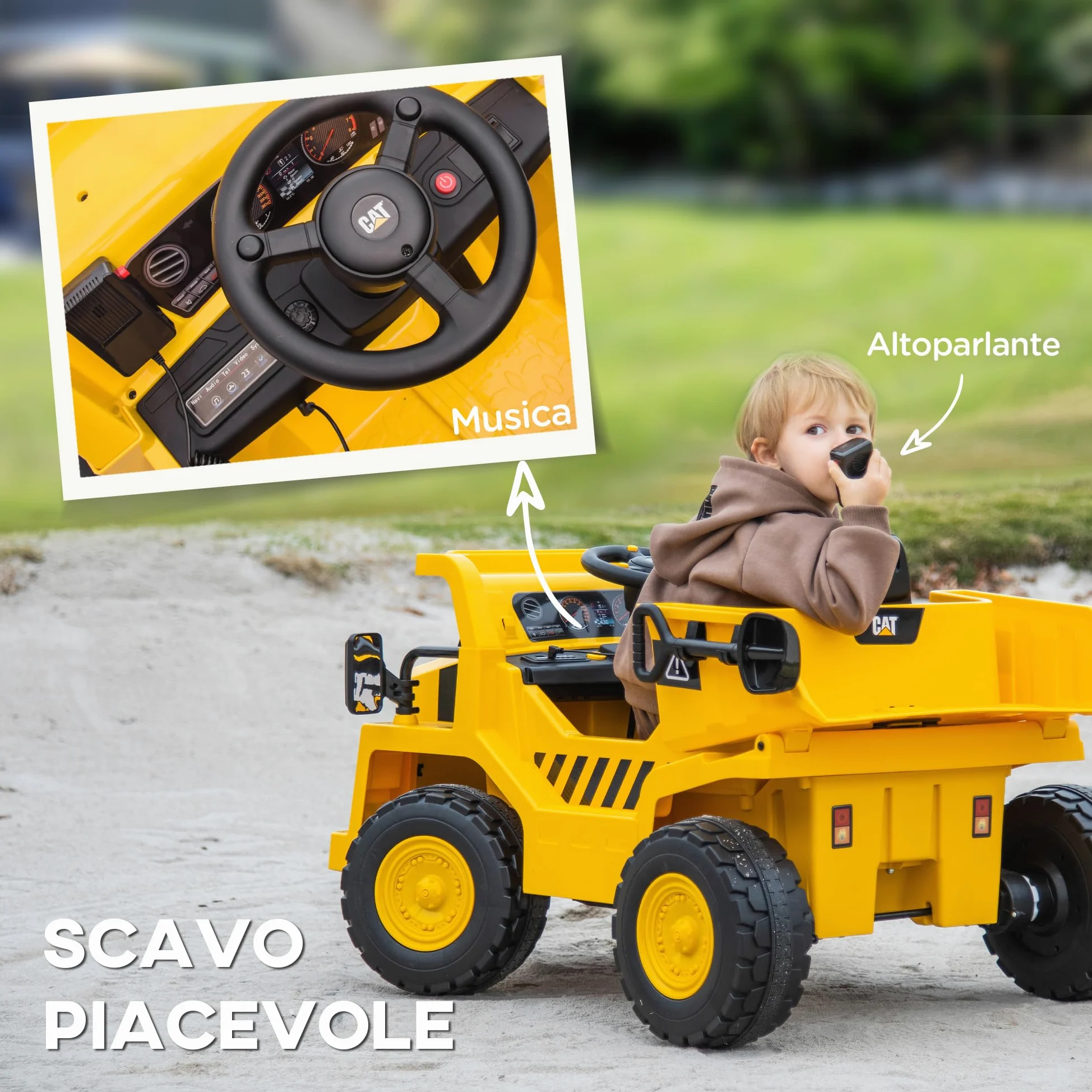 AIYAPLAY 12V Camion Giocattolo Licenza Caterpillar con Musica Giallo | Macchina Elettrica per Bambini, Telecomando, Fari, Secchio e Pala, Escavatore in PP e Metallo