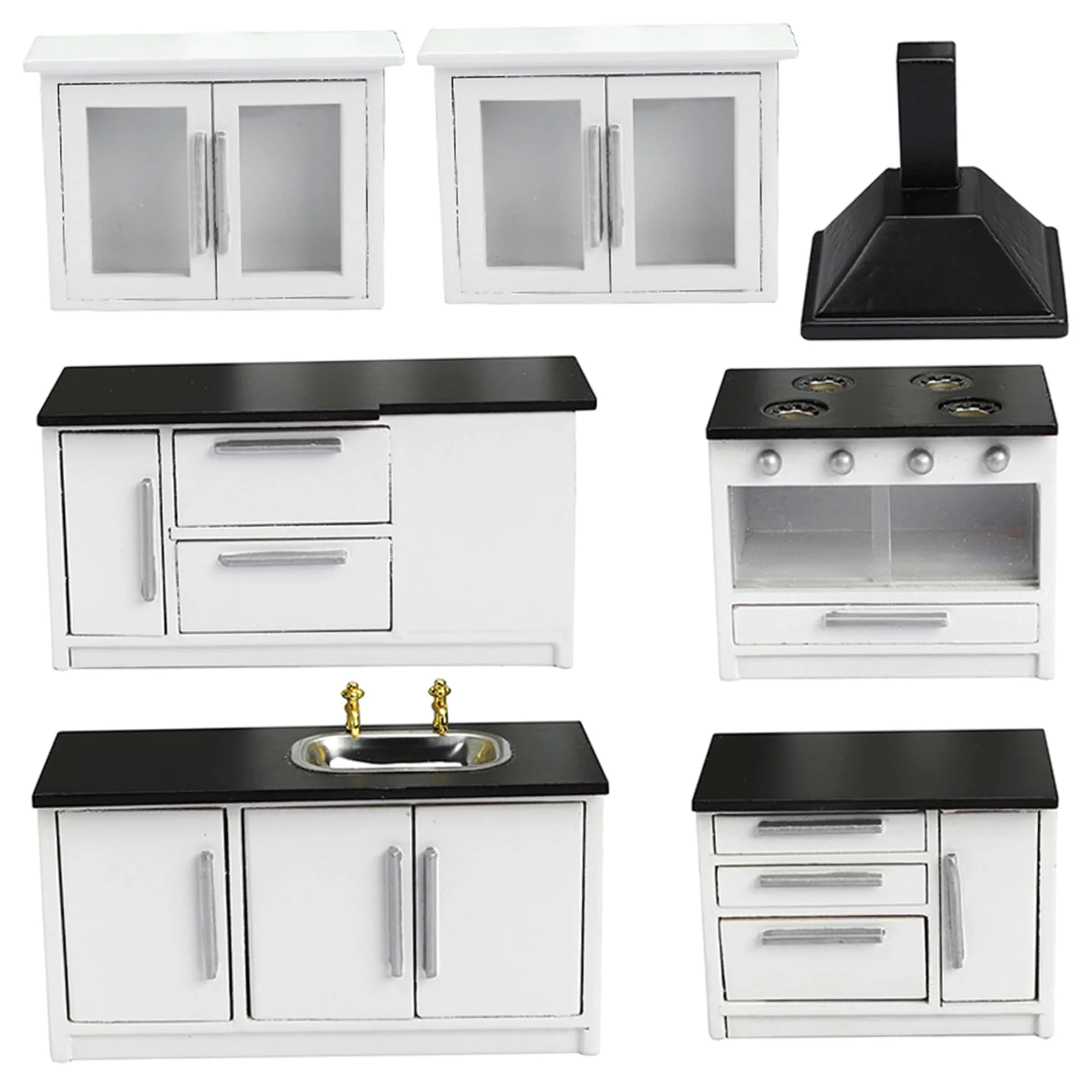 Set da cucina per casa delle bambole in legno, mobili in miniatura 7 pezzi scala 1:12, accessori di simulazione per scene di decorazioni per case delle bambole