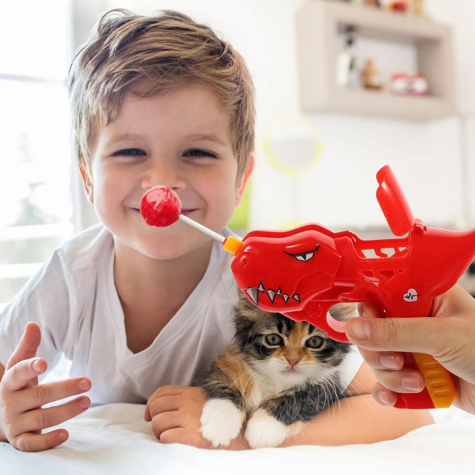 ERINGOGO Giocattolo Porta Lecca-Lecca Robot Dinosauro Rosso 2 Pezzi, Spara Lecca-Lecca Divertente per Feste, Regalo Compleanno Pratico e Sicuro in Plastica Dura