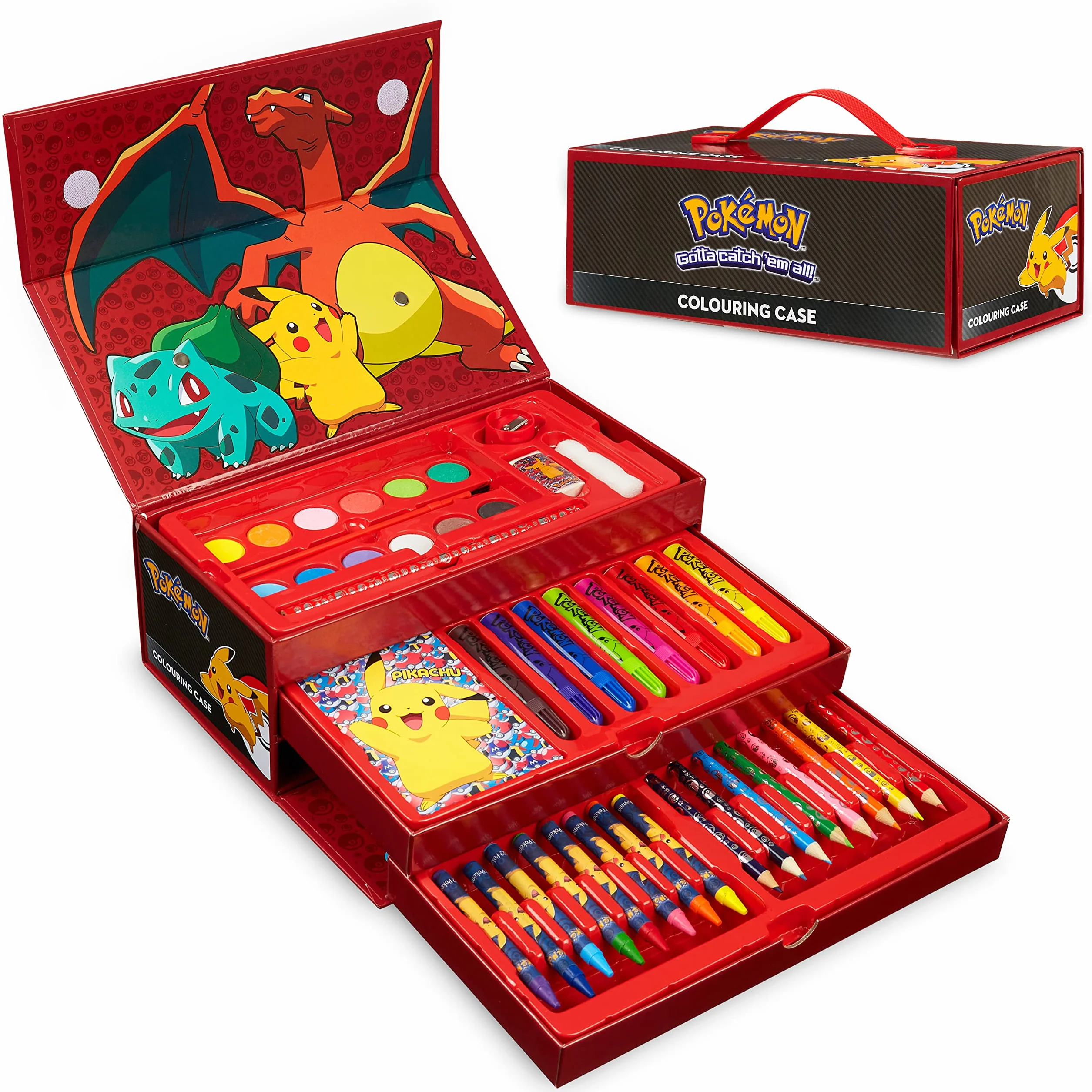 Pokemon Valigetta Colori per Bambini Accessori D'arte Matite Colorate Pastelli a Cera Pennarelli Acquerelli Pikachu Regalo Bambino Nero Rosso