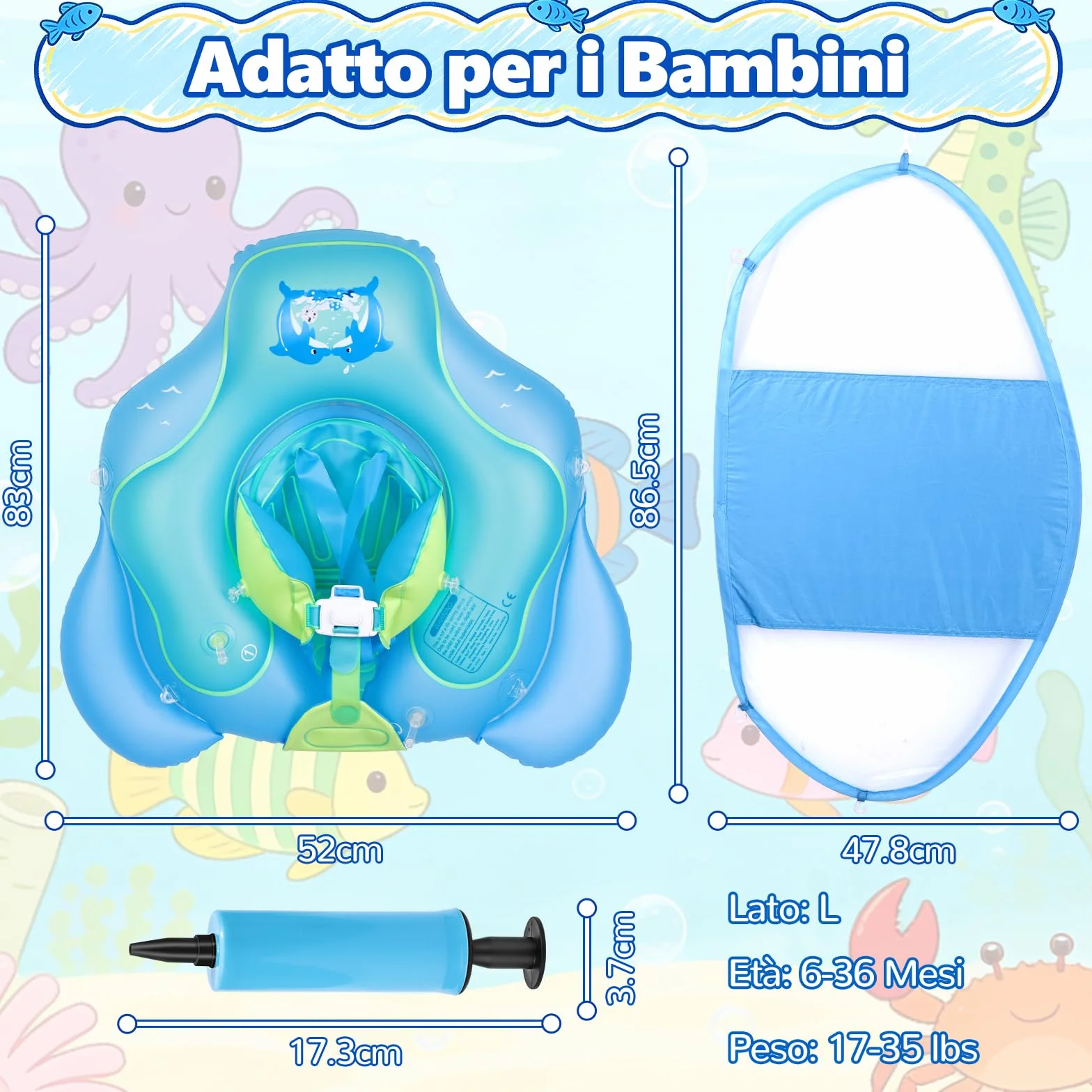 Salvagente Neonato con Parasole, Ciambella Neonato Mare, Anello Galleggiante per Bambini SPF 50+ Sedile di Sicurezza Regolabile, per Bambini da 6 a 36 mesi