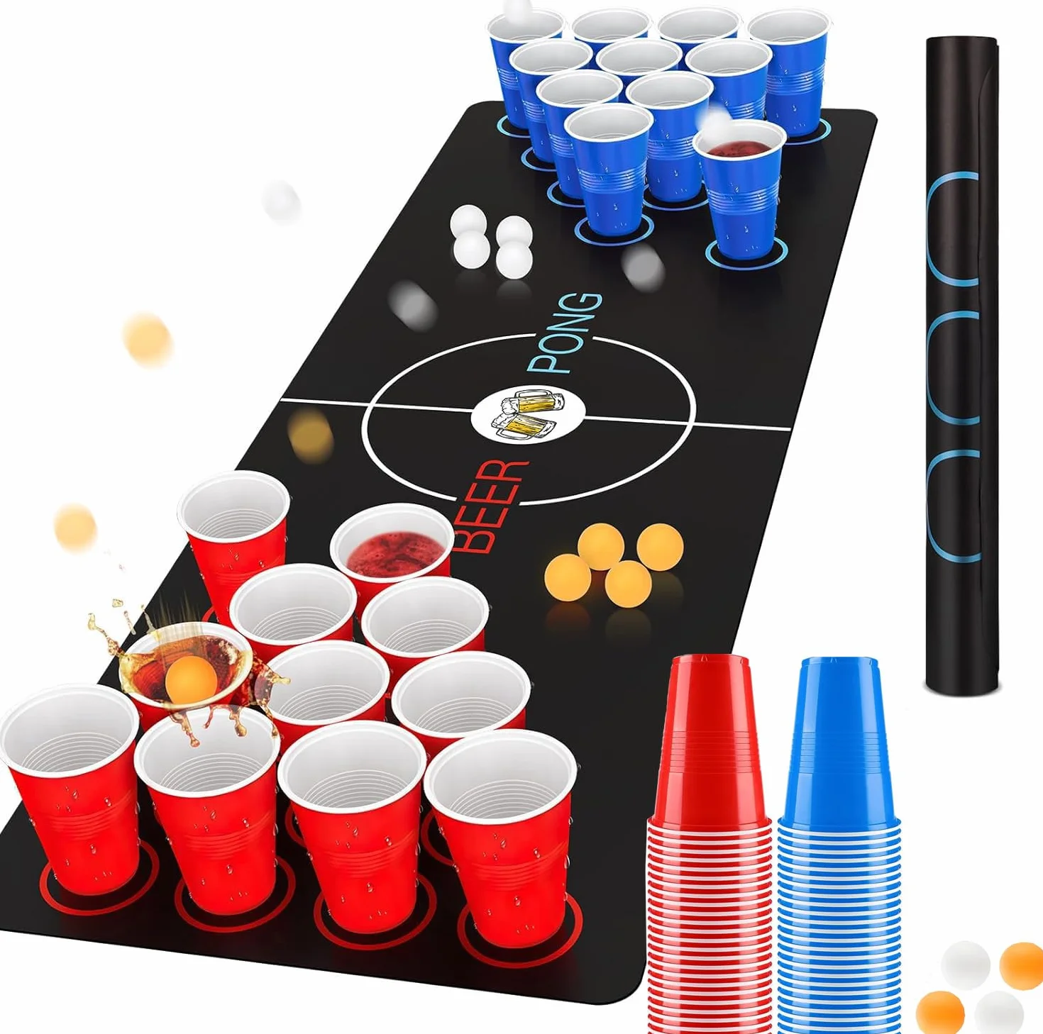 Beer Pong Ping Pong Kit, Birra Pong Tazze, 32 Bicchieri Beer Pong (500ml), 8 Palline da Ping Pong, Tappeto da Gioco, per Adulti Festa,Festival, Matrimoni, Campeggio
