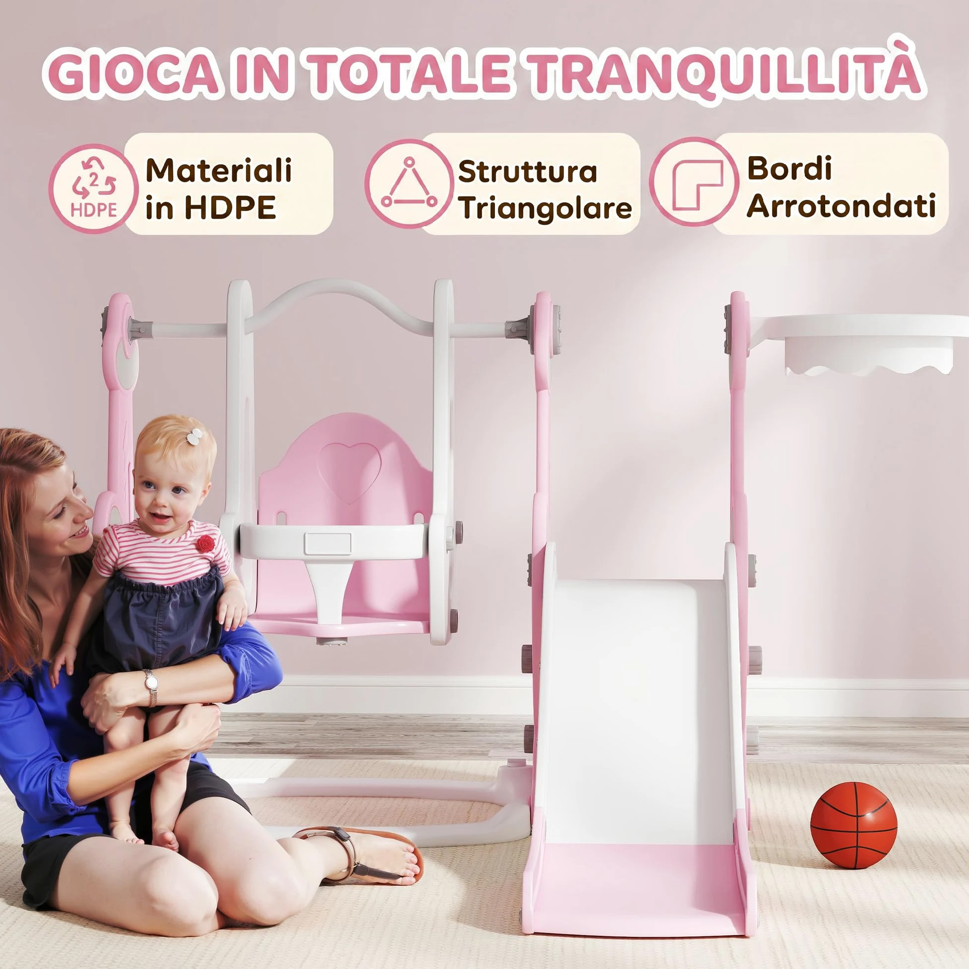 AIYAPLAY Scivolo per Bambini 4 in 1 con Altalena da 18-48 Mesi Rosa | Scivolo da Giardino Autoportante, Scaletta da Arrampicata, Cestino da Basket, Set Parco Giochi per Interni ed Esterni
