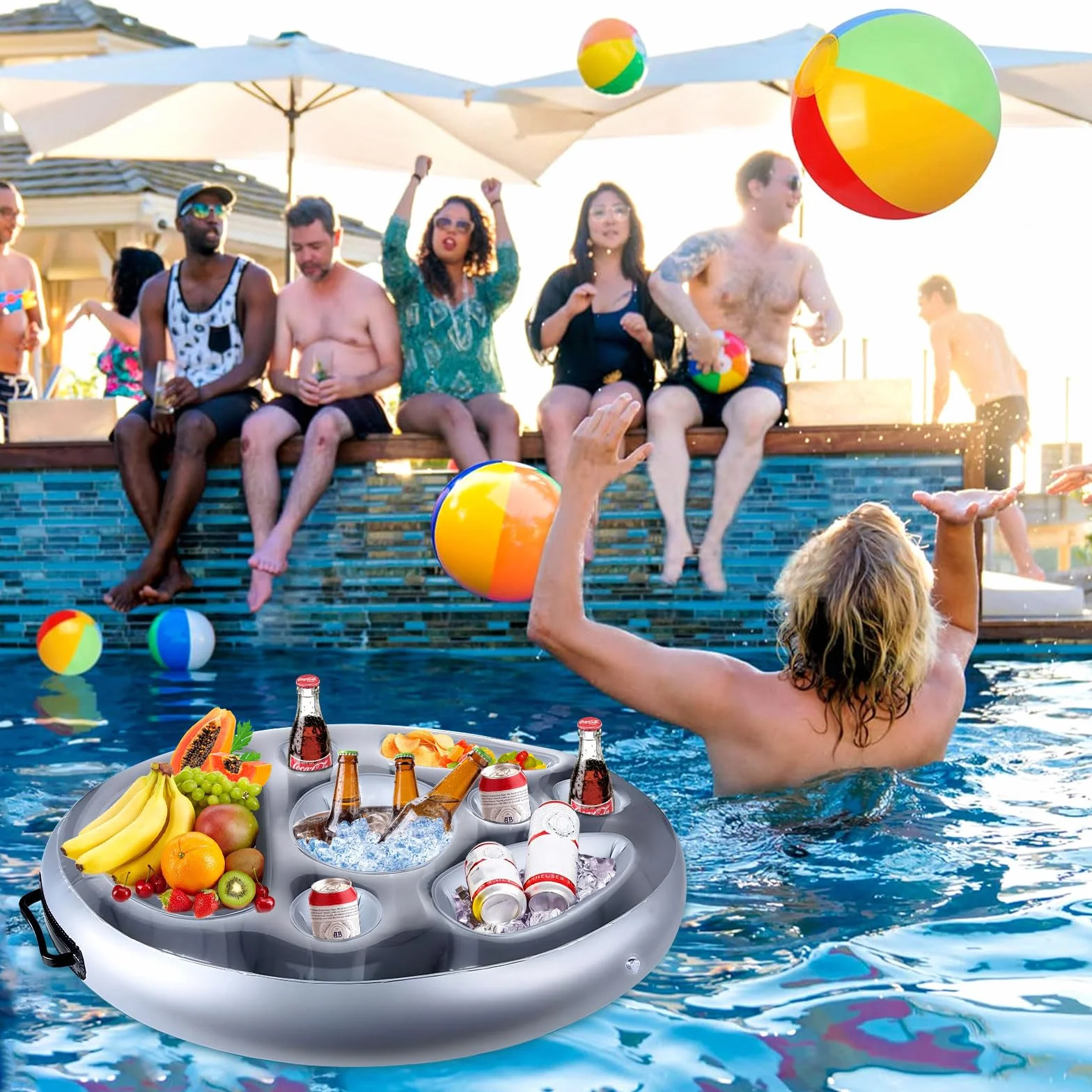 Amzeeniu Portabibite Gonfiabile Portabevande 2-in-1 e Porta Snack Bar Piscina Portabottiglie Galleggiante PVC Portabottiglie Gonfiabile Galleggiante Festa in Piscina Estiva