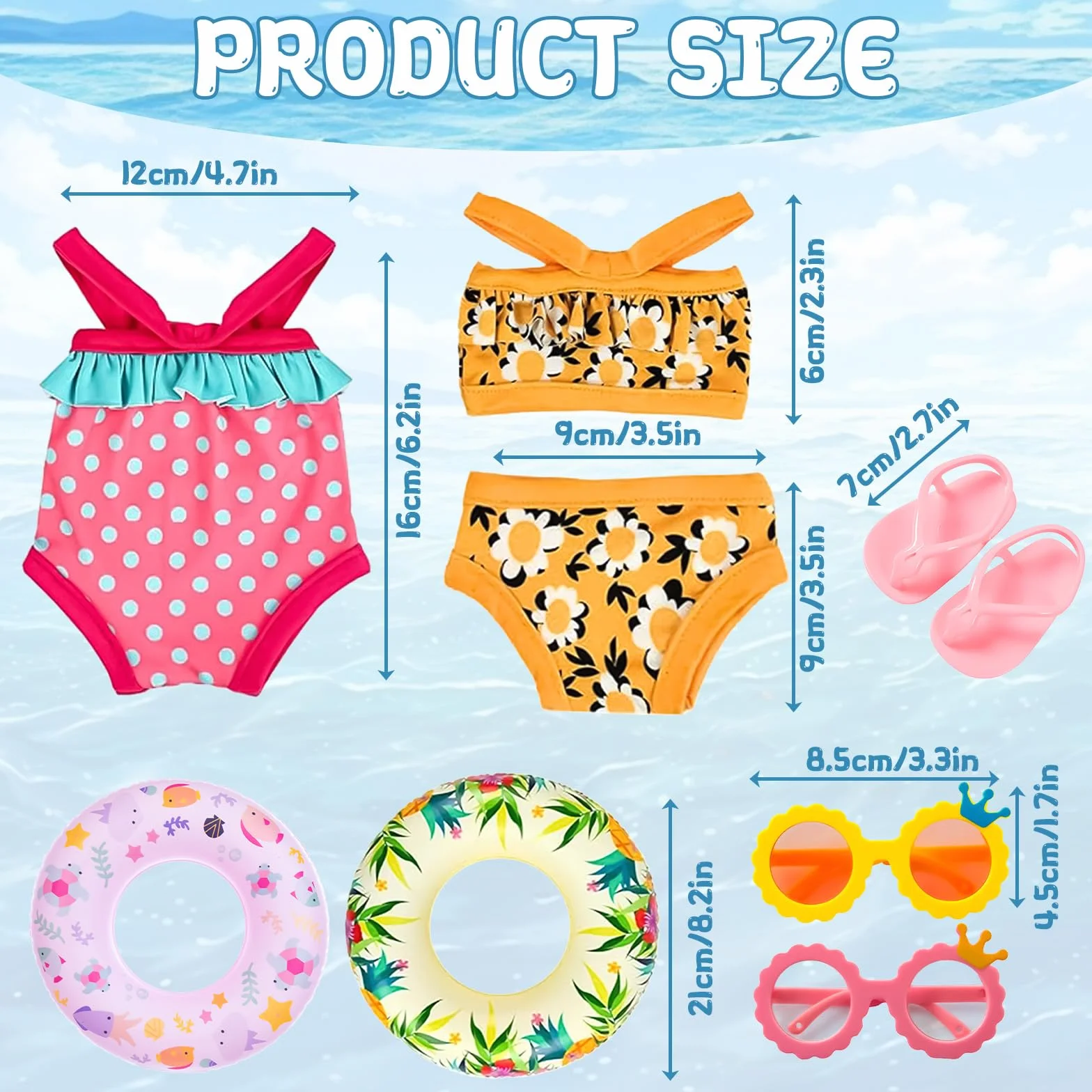 Set di Nuoto per Bambole 7 Pezzi,Estate Costume da Bagno per Bambole,Costume da Bagno per Bambole,Vestiti Bambole Reborn,Accessori per Bambole Reborn 35-45CM,Regalo per Ragazze