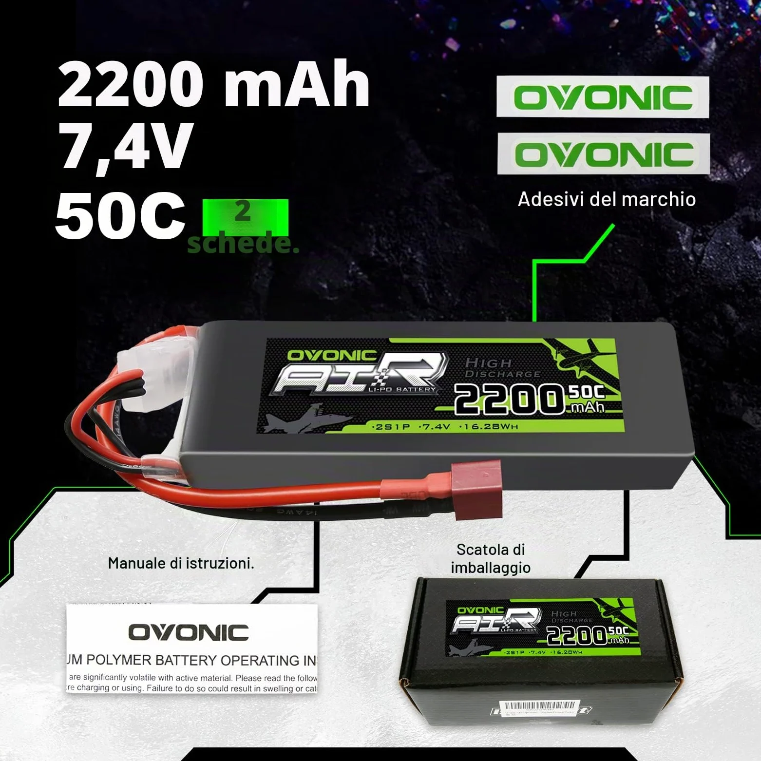 OVONIC 2 Packs 2200mAh 2S 7.4V 50C LiPo Battery Pack with T Plug for RC Evader BX Car RC Truck RC Truggy RC Airplane UAV Drone FPV