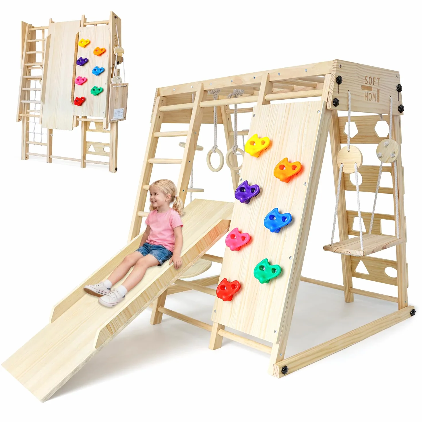 Maxi Telaio da Arrampicata per Interni, 10 in 1 Multifunzionale Telaio da Arrampicata per Bambini, Montessori Parco Giochi, Skateboard, Oscillazione, Parete da Arrampicata, Rete da Arrampicata