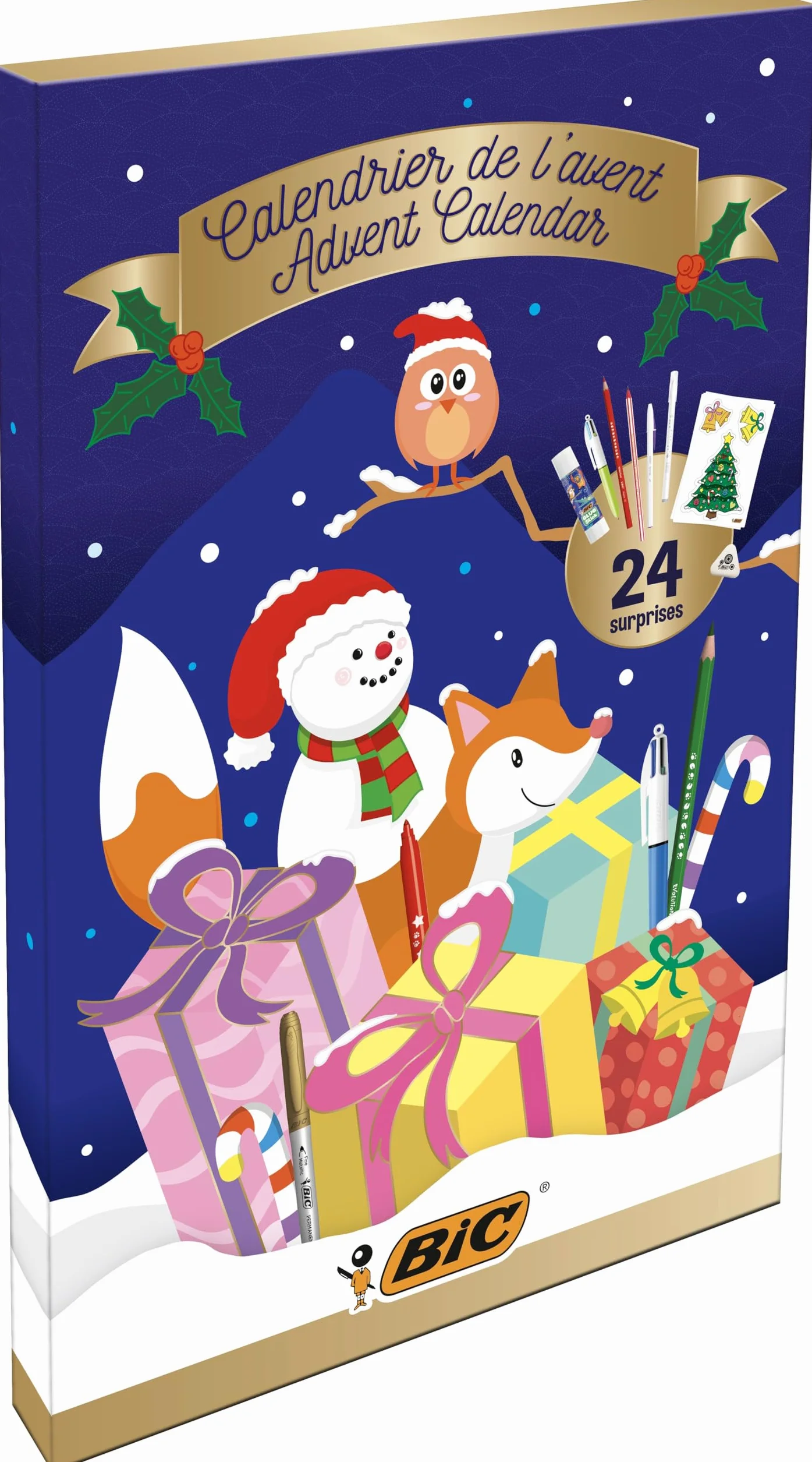 BIC Calendario dell'Avvento, Penne a Sfera, Matite Colorate, Pennarelli, Evidenziatori, Colori Assortiti, Set Cancelleria 24 Articoli, Idea Regalo di Natale, Bambini e Adulti