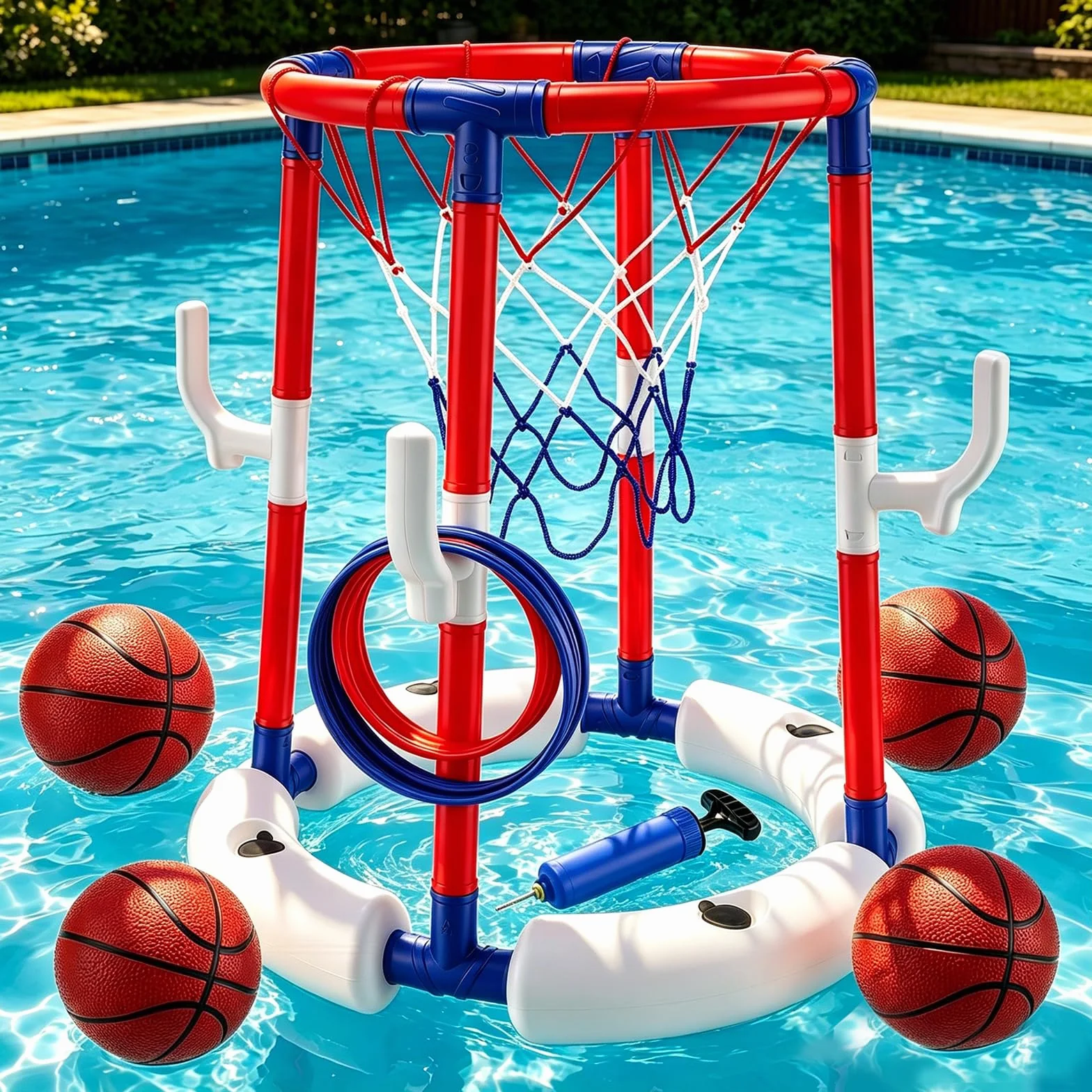 Canestro da Basket per Piscina Galleggiante Set con 4 Palline Gonfiabili e 12 Anelli da Lancio, Giochi Piscina Bambini, Struttura Stabile e Sicura, Gioco Acqua Estate per Famiglie, Ragazzi e Adulti