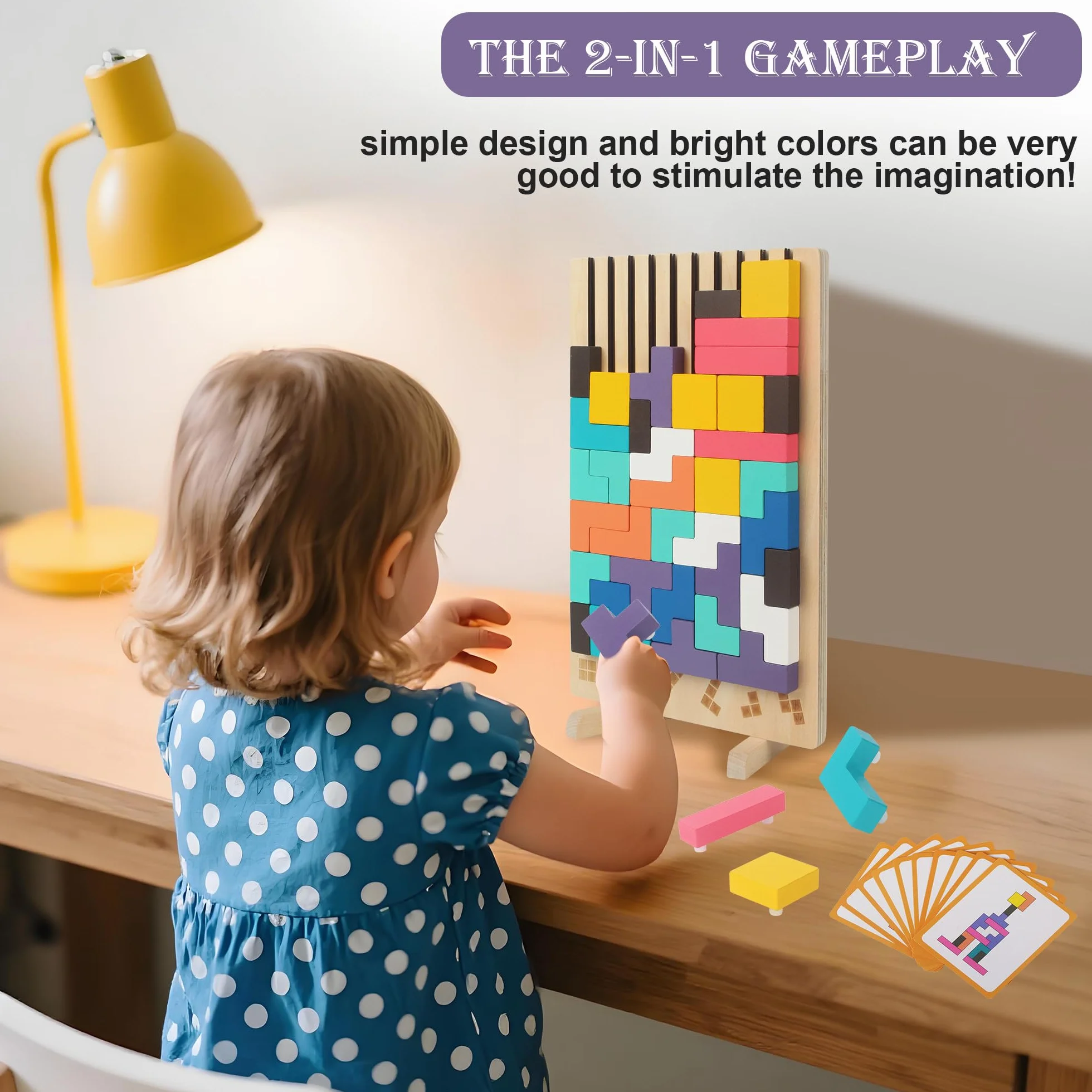 Gioco Impilabile in Legno Tetris, Giocattoli Educativi, con 10 Carte, Intelligenza Jigsaw, Puzzle Bambini 3 4 5 6 Anni, Colorato Blocchi Geometrici Tetris, Regalo Educativi