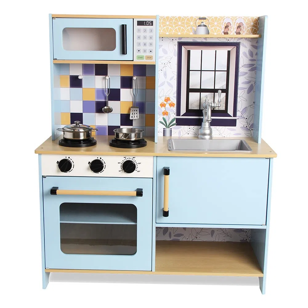 DEQUBE - Cucina in legno, 2 moduli, design moderno, cucina giocattolo con luci e suoni, contiene accessori metallici per il gioco, dimensioni 72 x 30 x 85 cm, colore blu (913D00013)