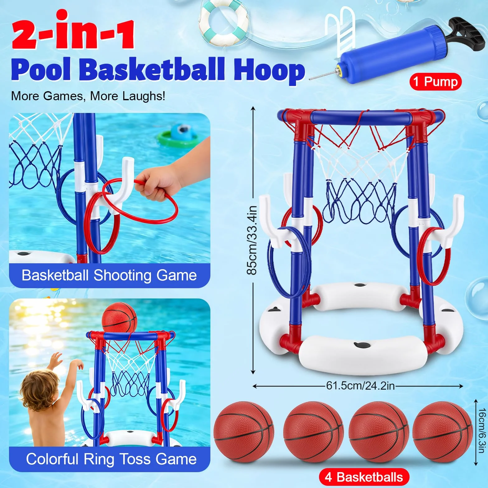 Set da basket galleggiante 2 in 1 per piscina, con 4 palloni grandi e 12 anelli, pompa inclusa. Sport acquatici gonfiabili per bambini, adulti e famiglie Divertimento in piscina, al lago o in spiaggia