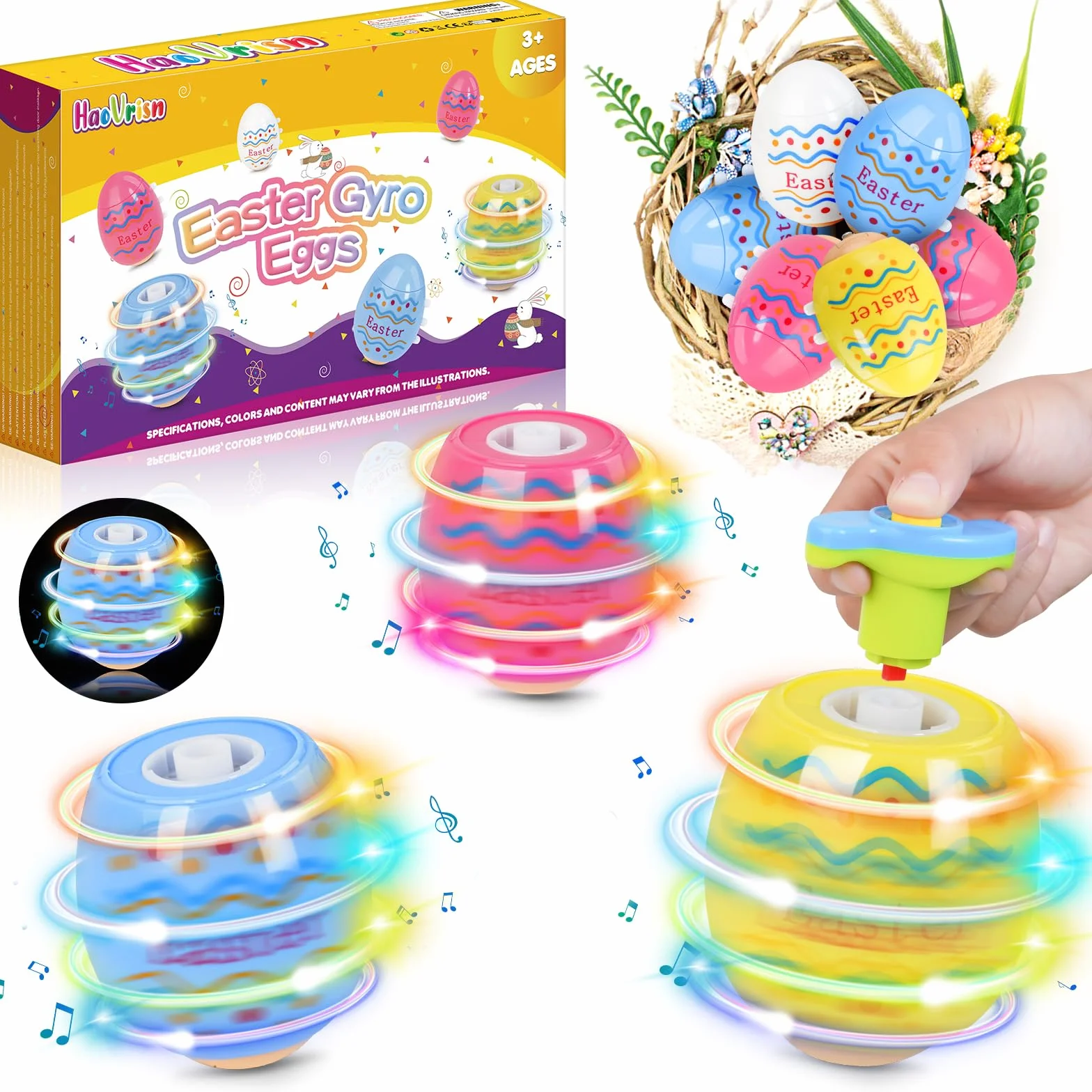 HaoVrisn Uova di Pasqua 2026, 6 Pezzi di Uovo di Pasqua Kinder Rotanti con Luci e Musica, Decorazioni Pasquali Idee Regalo per Bambini