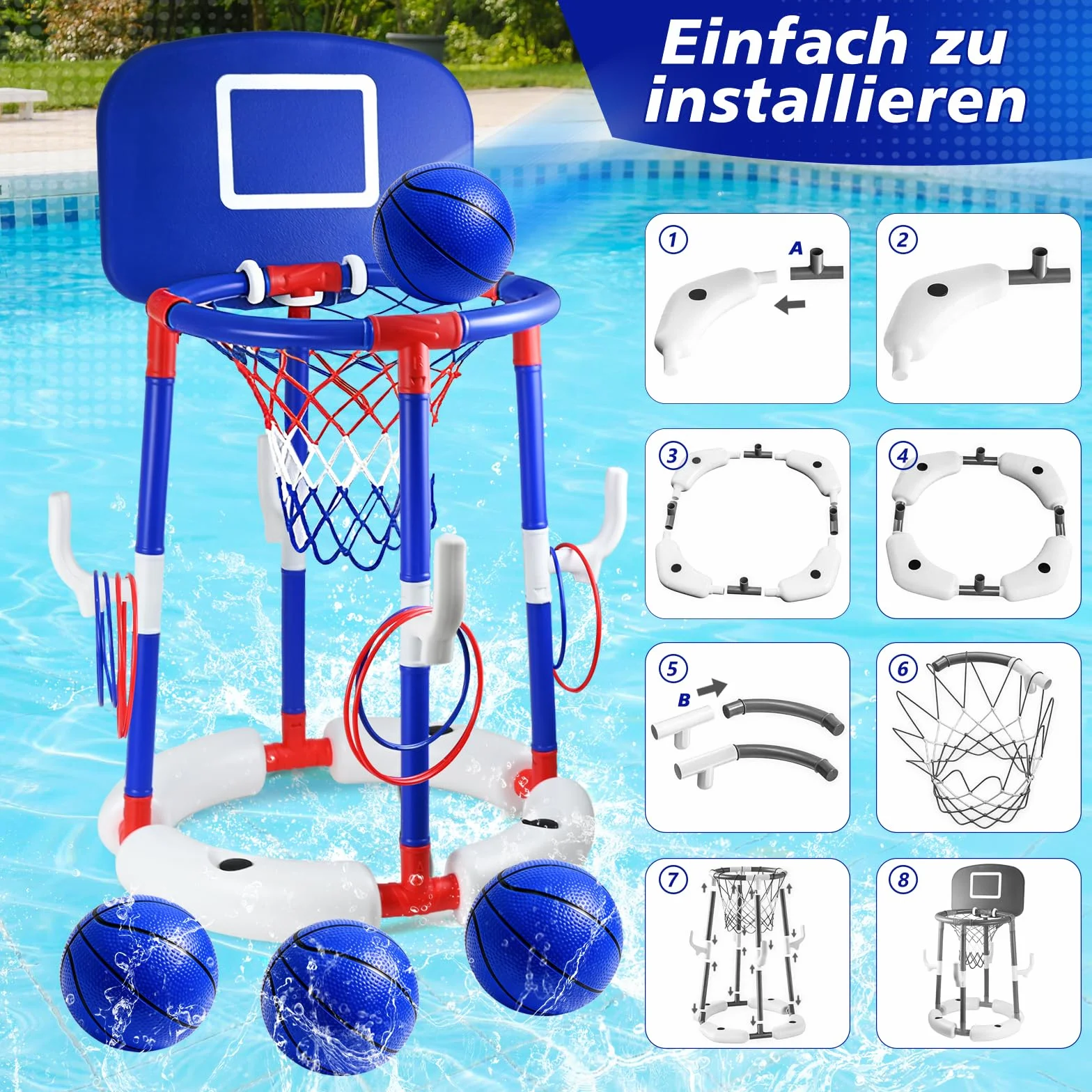 Joellfuner Canestro da Basket per Piscina, Canestro Piscina Galleggiante, Set da Canestro Basket Piscina, con 6 Palloni e Pompa, Gioco Acqua Cerchi da Lancio, Giochi Piscina per Bambini Adulti (Blu)
