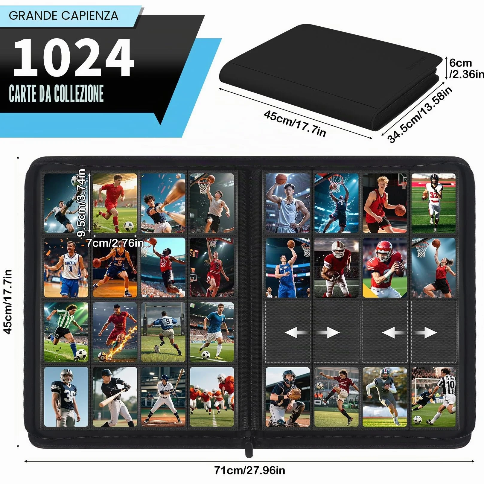 WITHYU Album da Collezione per Carte 16 Tasche, Capacità 1024 Carte - Portacarte Impermeabile Caricamento Laterale con Zip per TCG, Calcio & Collezioni, Portatile (Nero)