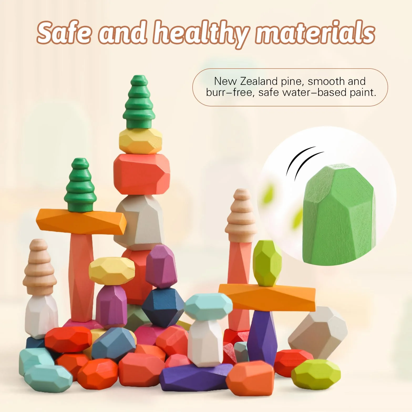 Giocattoli Impilabili in Legno - Pietre di Bilanciamento Waldorf Natura Blocchi di Costruzione Arcobaleno - Montessori (48 Pezzi Set)