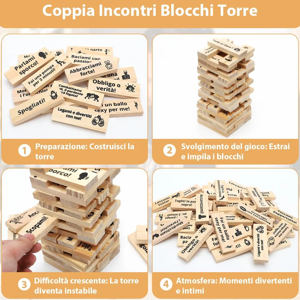 DASIAUTOEM Giochi di Torre della Lussuria, 48 Pezzi Gioco Super Naughty Block Tower, Torre a Blocchi di Coppia Tumbling Lmpilamento in Legno, Regali per Appuntamenti di Coppie Adulte
