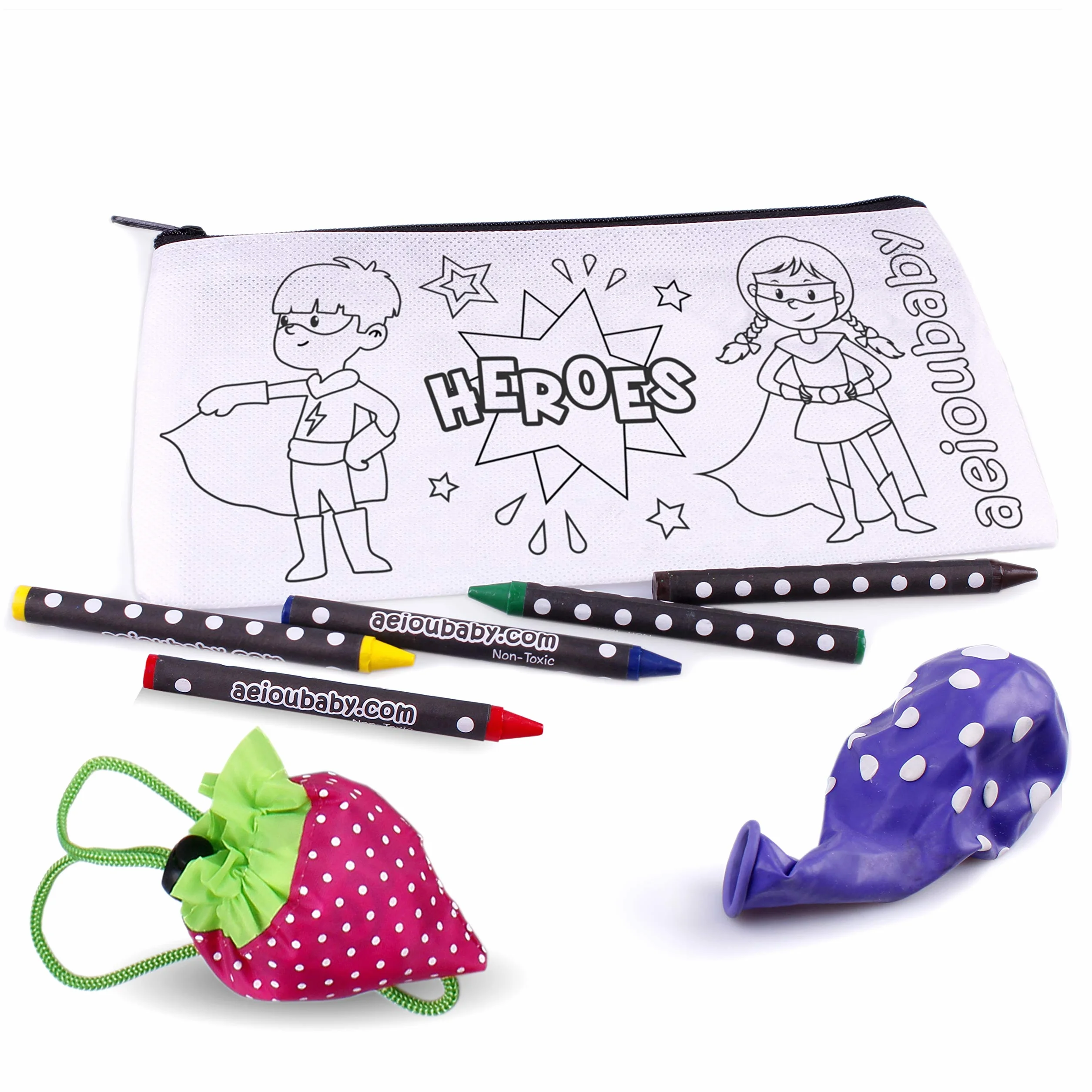 aeioubaby.com 25 Astucci da Colorare + Borsa Riutilizzabile | Bustine singole con 5 Colori a Cera e un Palloncino | Regalo per bambini per le feste e i compleanni (Eroi)