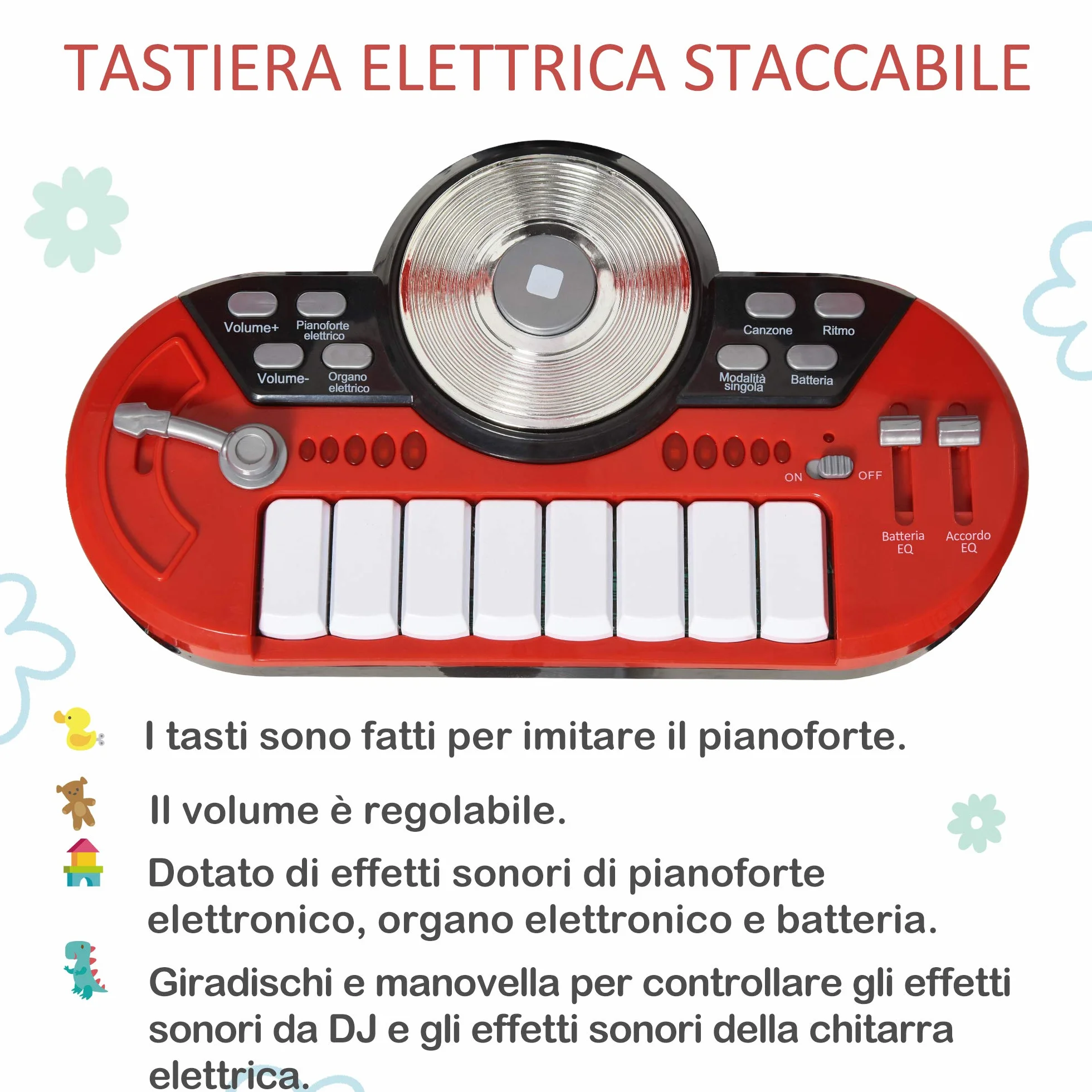 HOMCOM Set Batteria per Bambini con Strumenti Musicali, Batteria Jazz con 5 Tamburi e Sgabello, Giocattolo Musicale Educativo per Bambini, Effetti Sonori e Microfono Giocattolo, 77.5x40x76.5cm, Rosso