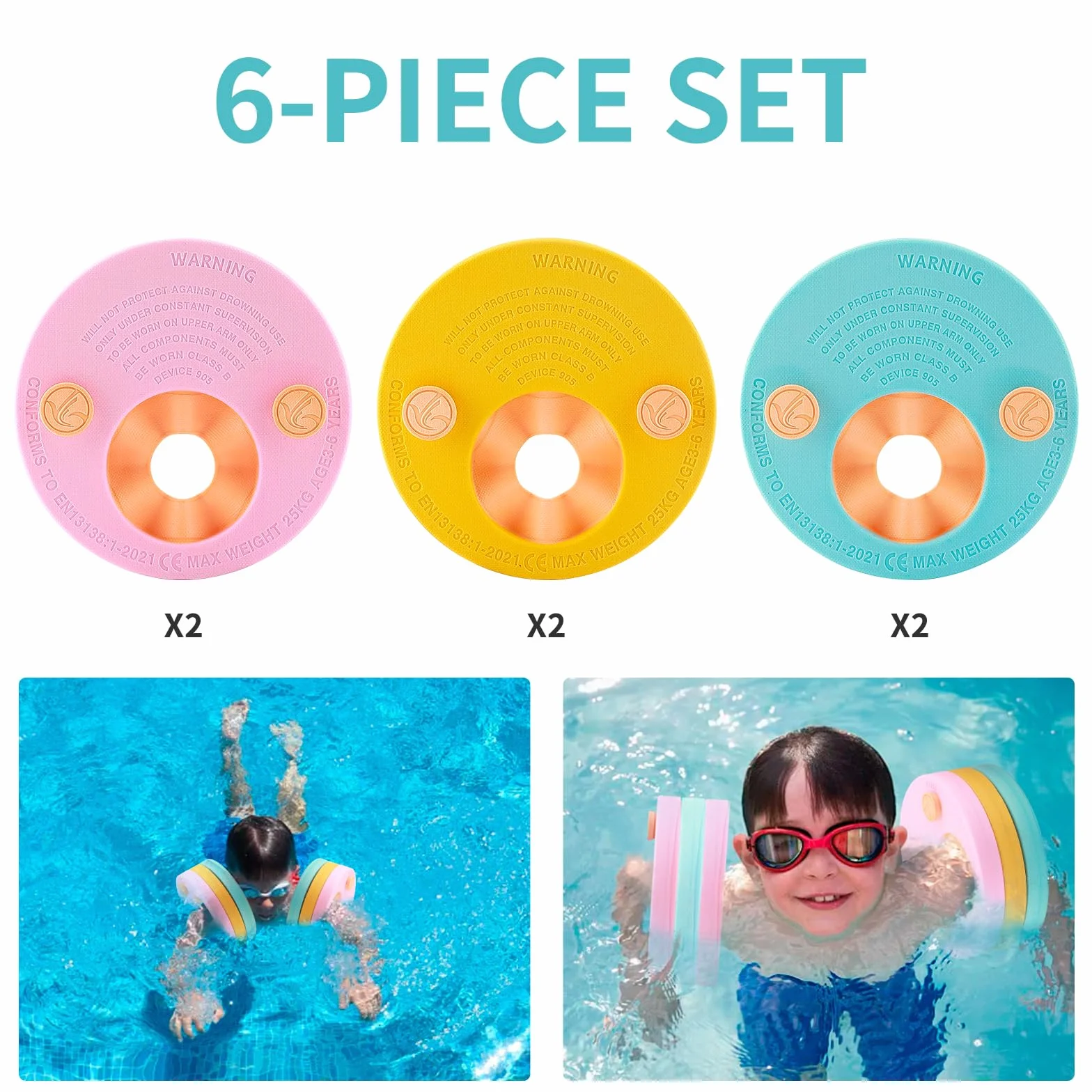 6 Pezzi braccioli bambini，corrimano schiuma, braccioli nuoto bambini，Adatto ai bambini che imparano a nuotare