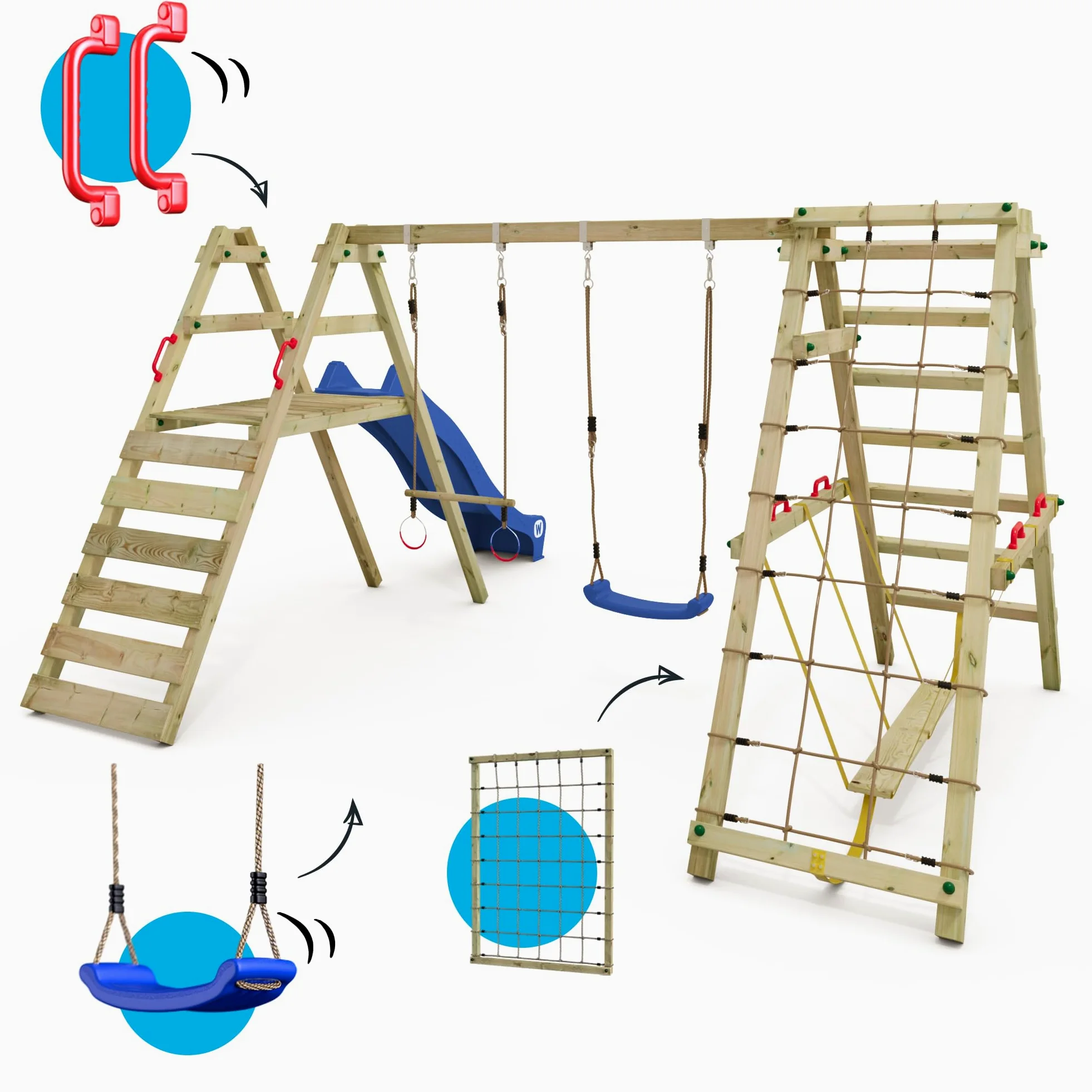 Altalena WICKEY Smart Shake gioco per bambini con scivolo blu e ampliamento per l'arrampicata, altalena doppia in legno da esterno o da giardino