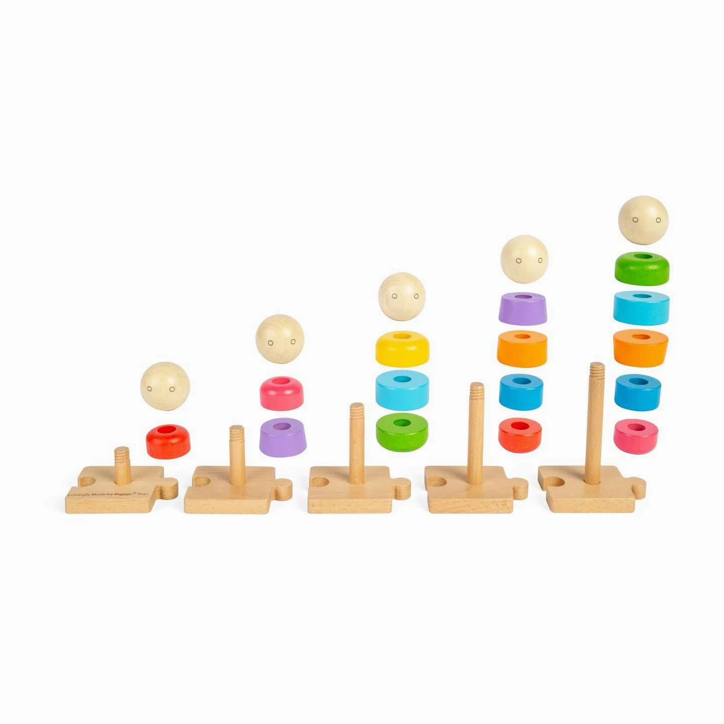 Bigjigs Toys Rainbow Family, 25 giocattoli montessori impilabili in legno, attività educativa per l'apprendimento precoce, regali ecologici per neonati e bambini, età 12+ mesi
