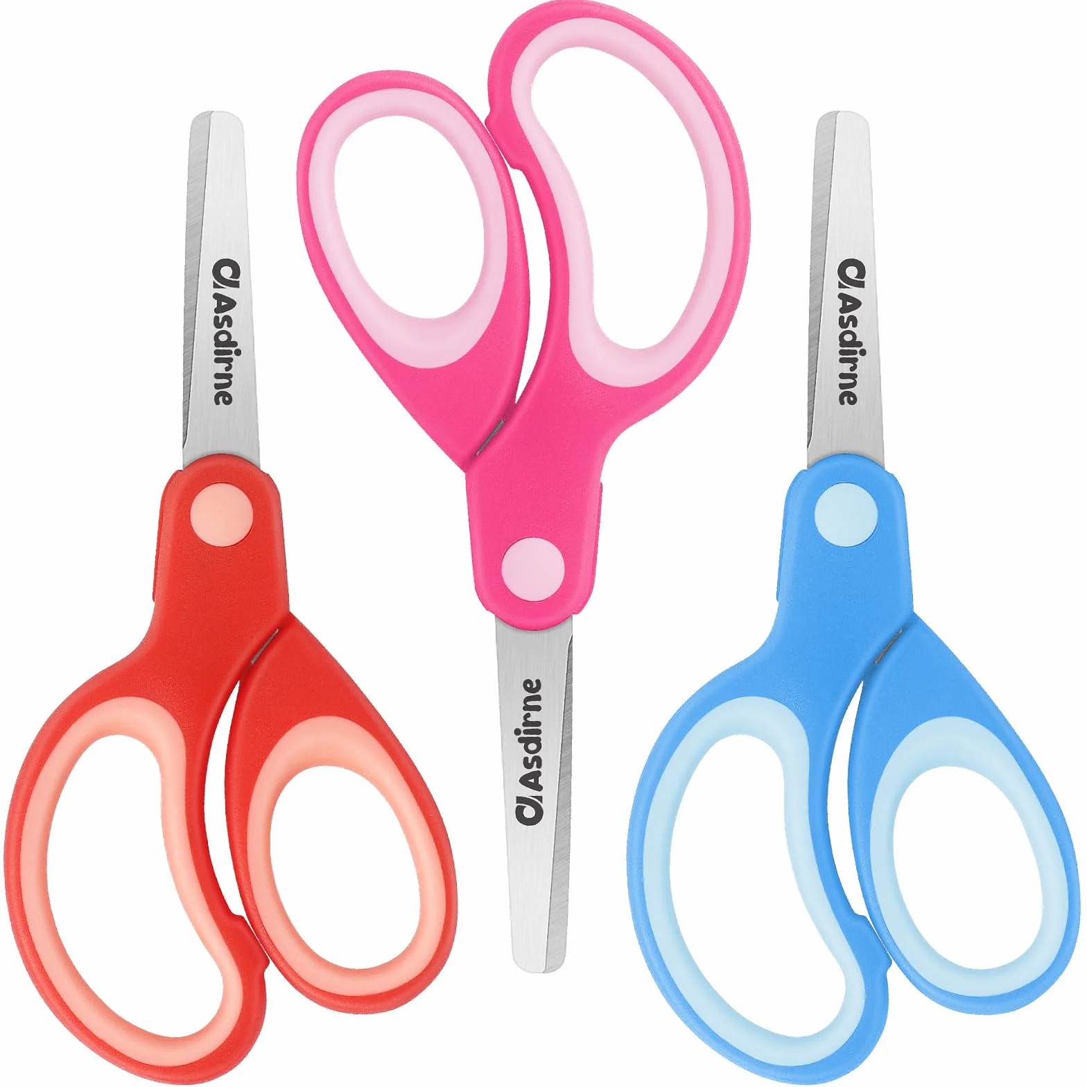 Asdirne Forbici per bambini sinistre, forbici di sicurezza per bambini, forbici artigianali con punta smussata lame in acciaio inossidabile e impugnatura morbida, 13,5 cm, confezione da 3