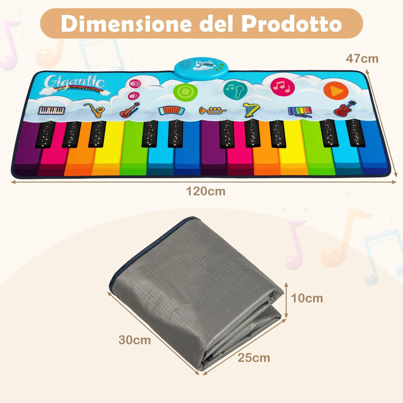 COSTWAY Tappetino Musicale 24 Tasti Tappeto Pianoforte con 8 Suoni per Bambini 1+ Anno 120x47 cm