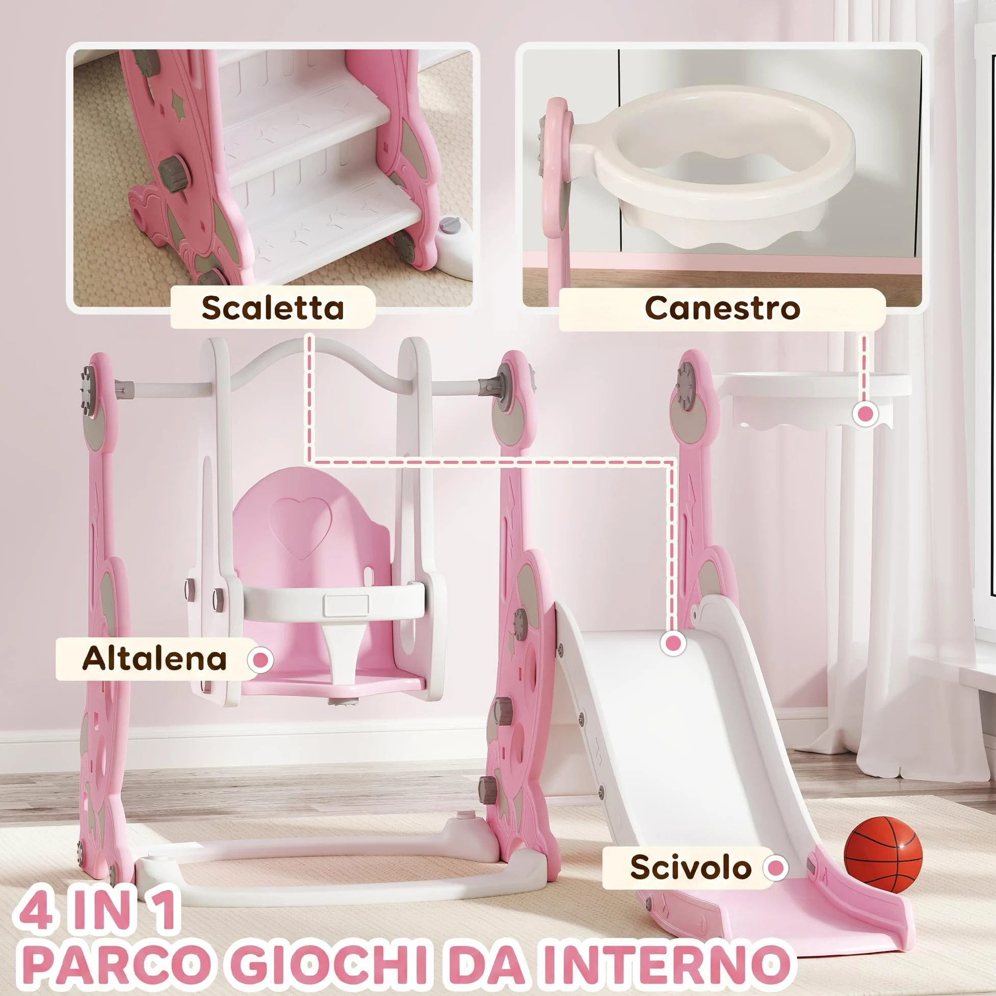 AIYAPLAY Scivolo per Bambini 4 in 1 con Altalena da 18-48 Mesi Rosa | Scivolo da Giardino Autoportante, Scaletta da Arrampicata, Cestino da Basket, Set Parco Giochi per Interni ed Esterni