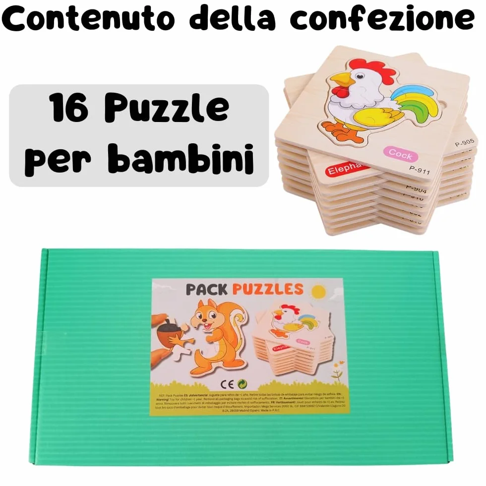 16 PCS Puzzle in Legno per Bambini di 1, 2 anni e 3, Regali per Compleanni e asilo nido, Giocattoli Educativi Montessori, Regali Originali, Puzzle in Legno con Animali (16 PUZZLE)