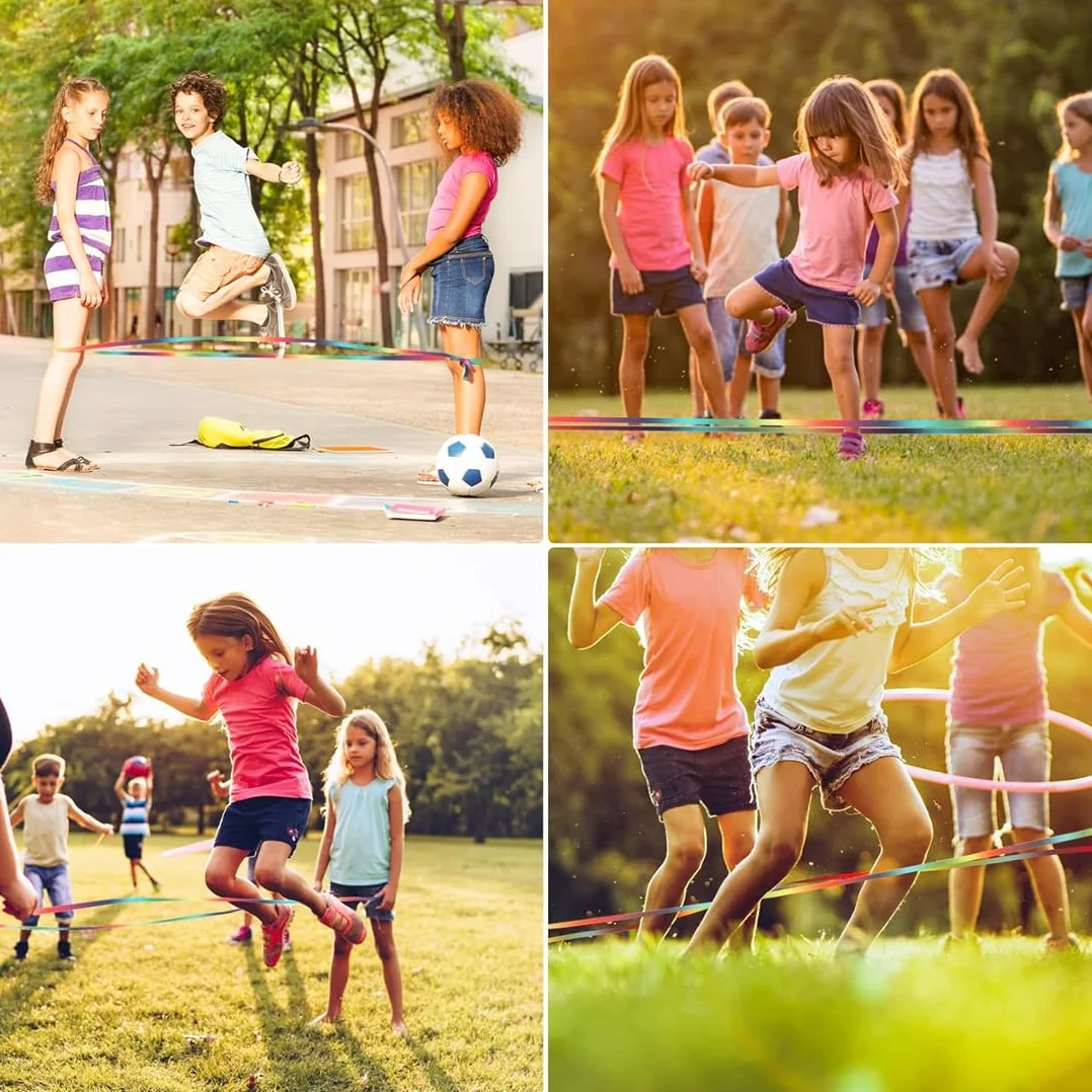 2 pezzi di gomma per bambini con istruzioni per giochi di salto, gomma da saltare, lunghezza 4 m, larghezza 1 cm, nastro arcobaleno, per Bambini Indoor e Outdoor Giochi