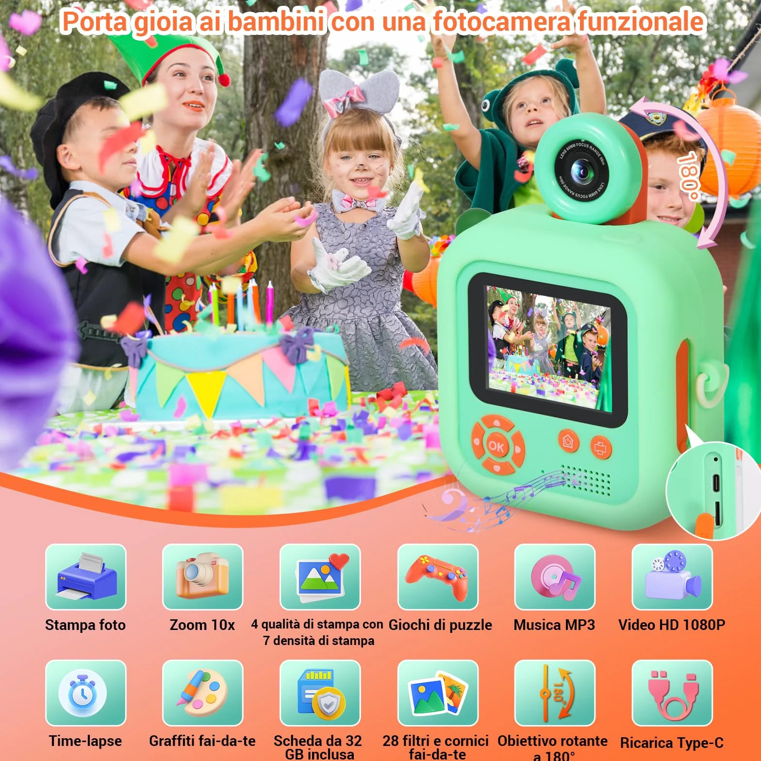 ZUEOKAI Fotocamera Istantanea Bambini 2,4" 180° Flip Obiettivo 32GB