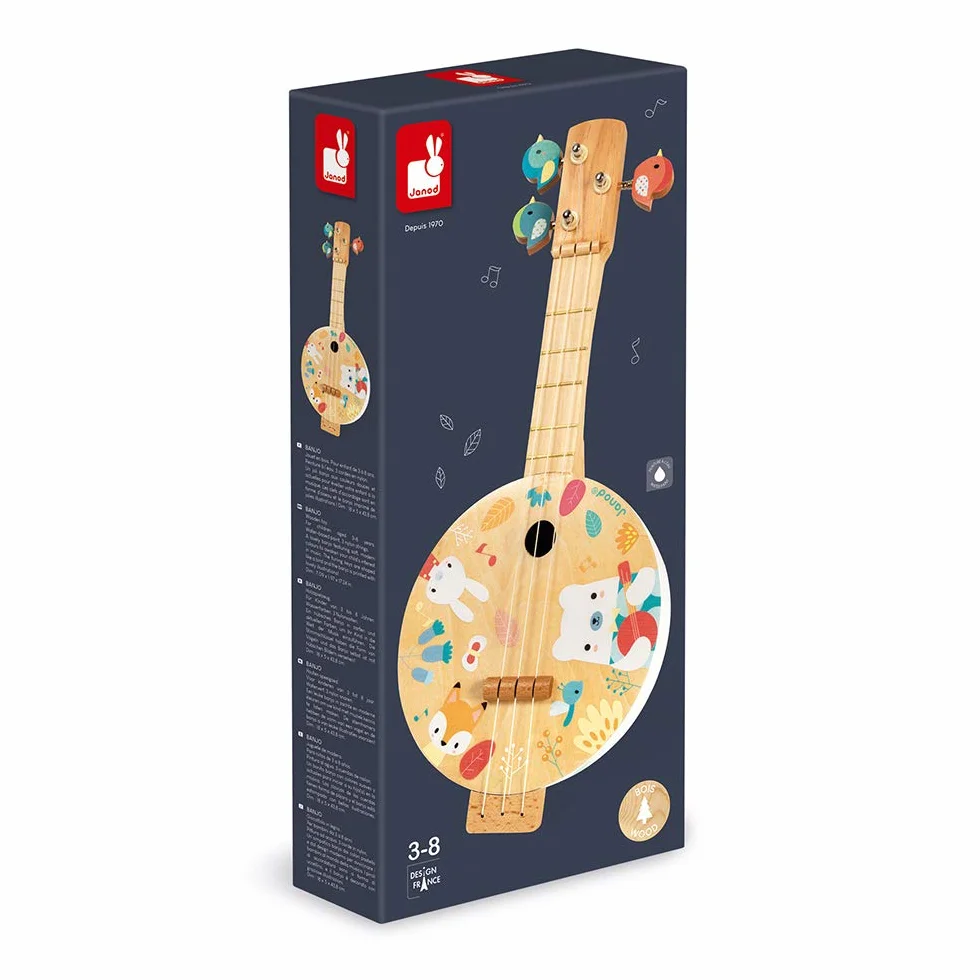 Janod Banjo Pure in Legno per Bambini 3-8 Anni con Illustrazioni, 3 Corde di Ricambio