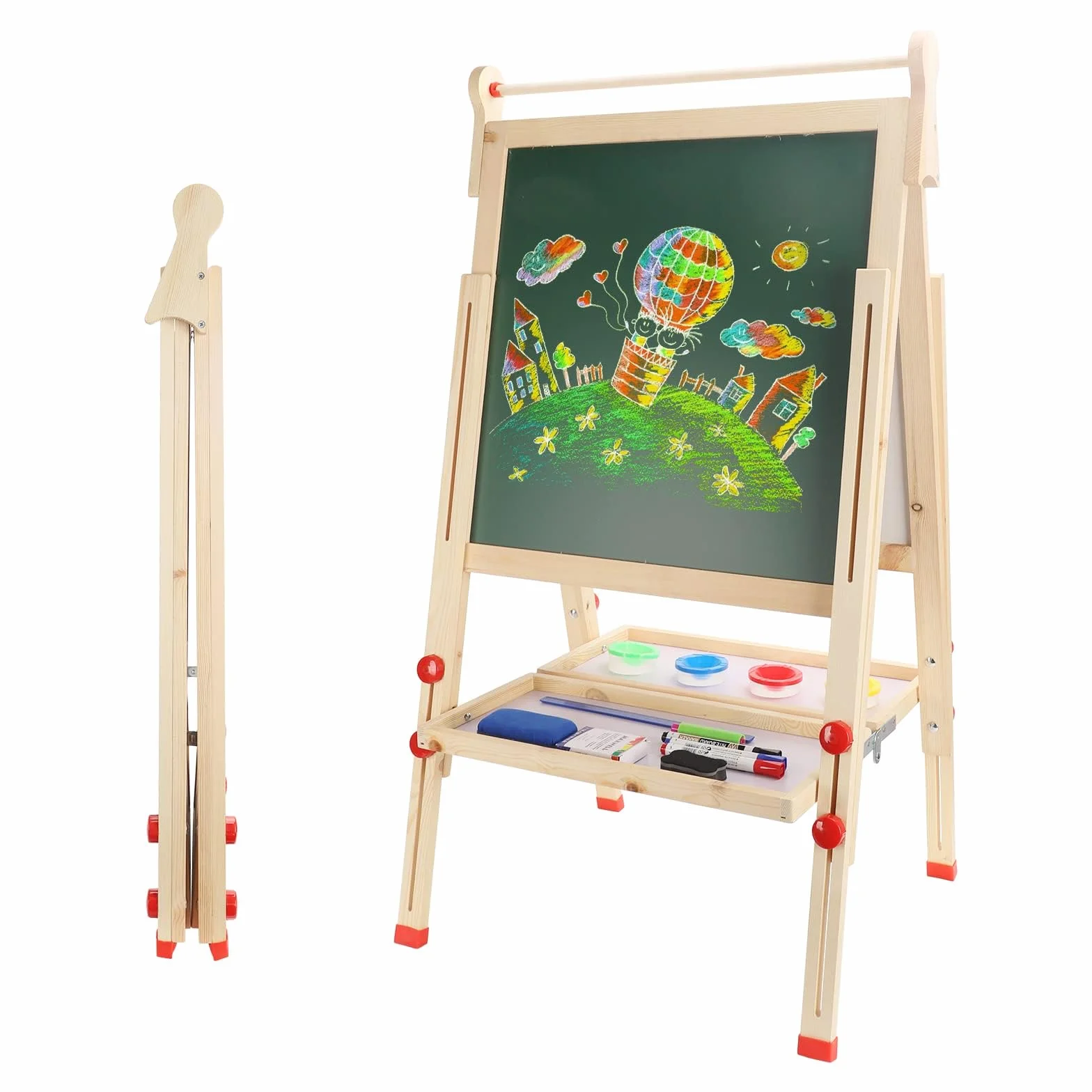 Dripex Bambini con Cavalletto pieghevole in Legno Regolabile in Altezza, Lavagna a Doppia Faccia con 26 Accessori per la pitturaper(49x49x88-105cm)