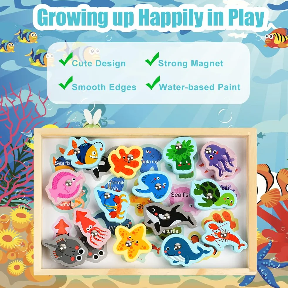 Vicloon Giochi di Pesca Magnetici in Legno 3 in 1 per Bambini Montessori Educativo Regalo 3-5 Anni