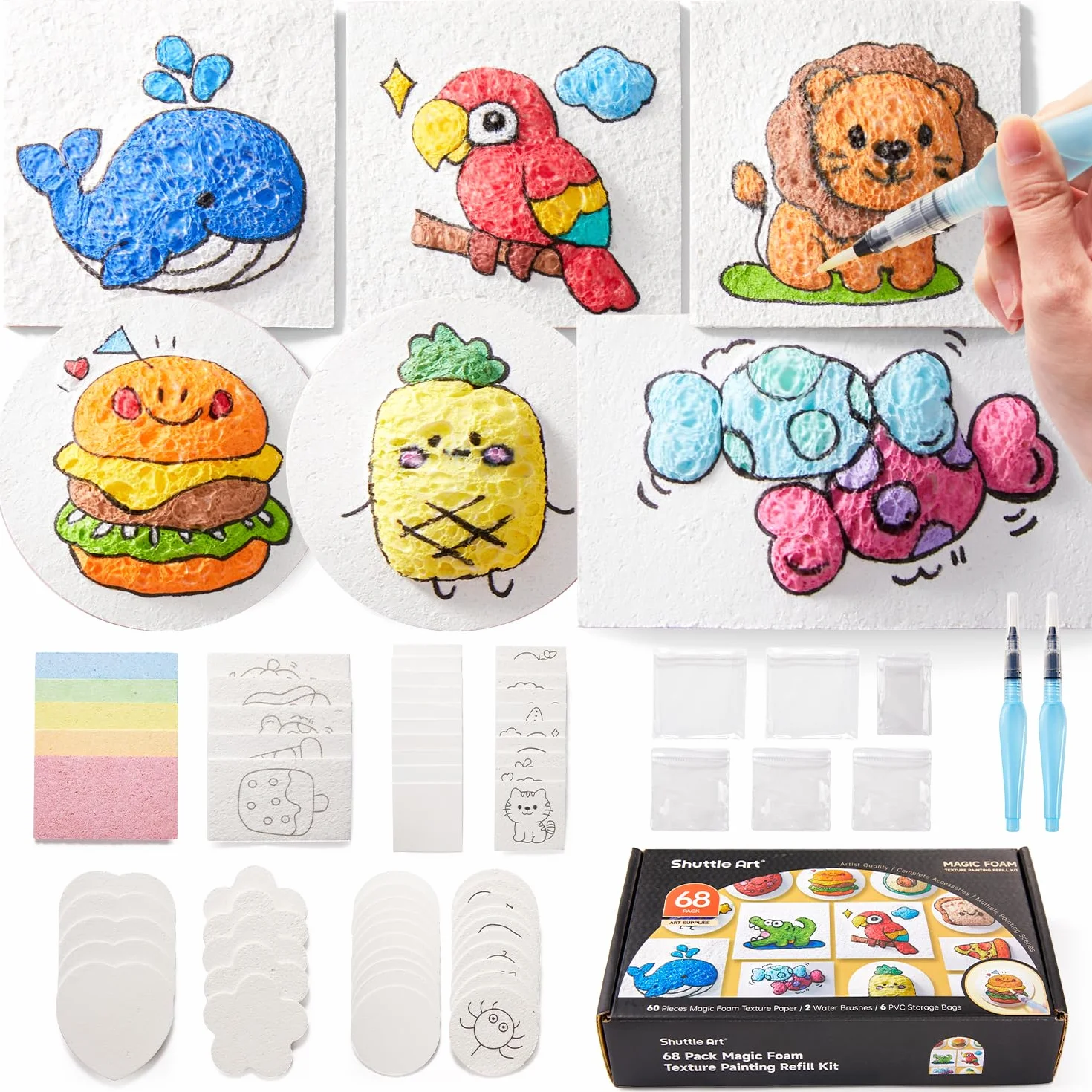 Shuttle Art Kit Pittura Magica Gonfiabile 66 Pezzi 3D con Spugna Texture 60 Fogli Carta Spugna