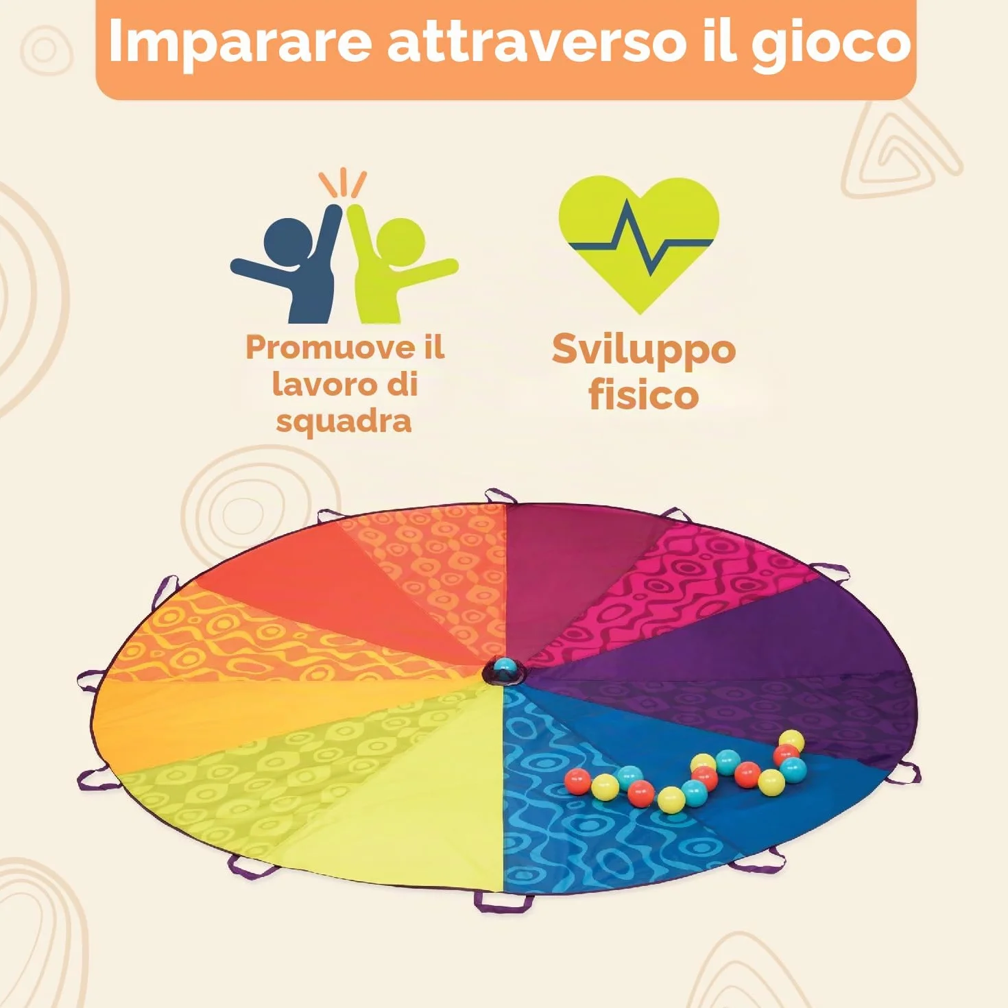B. toys - Paracadute per Bambini - Giocare a Paracadute con 15 Palline Colorate - Tenda a Vento con 12 Maniglie - Giochi all'aperto per Bambini - 3 Anni +