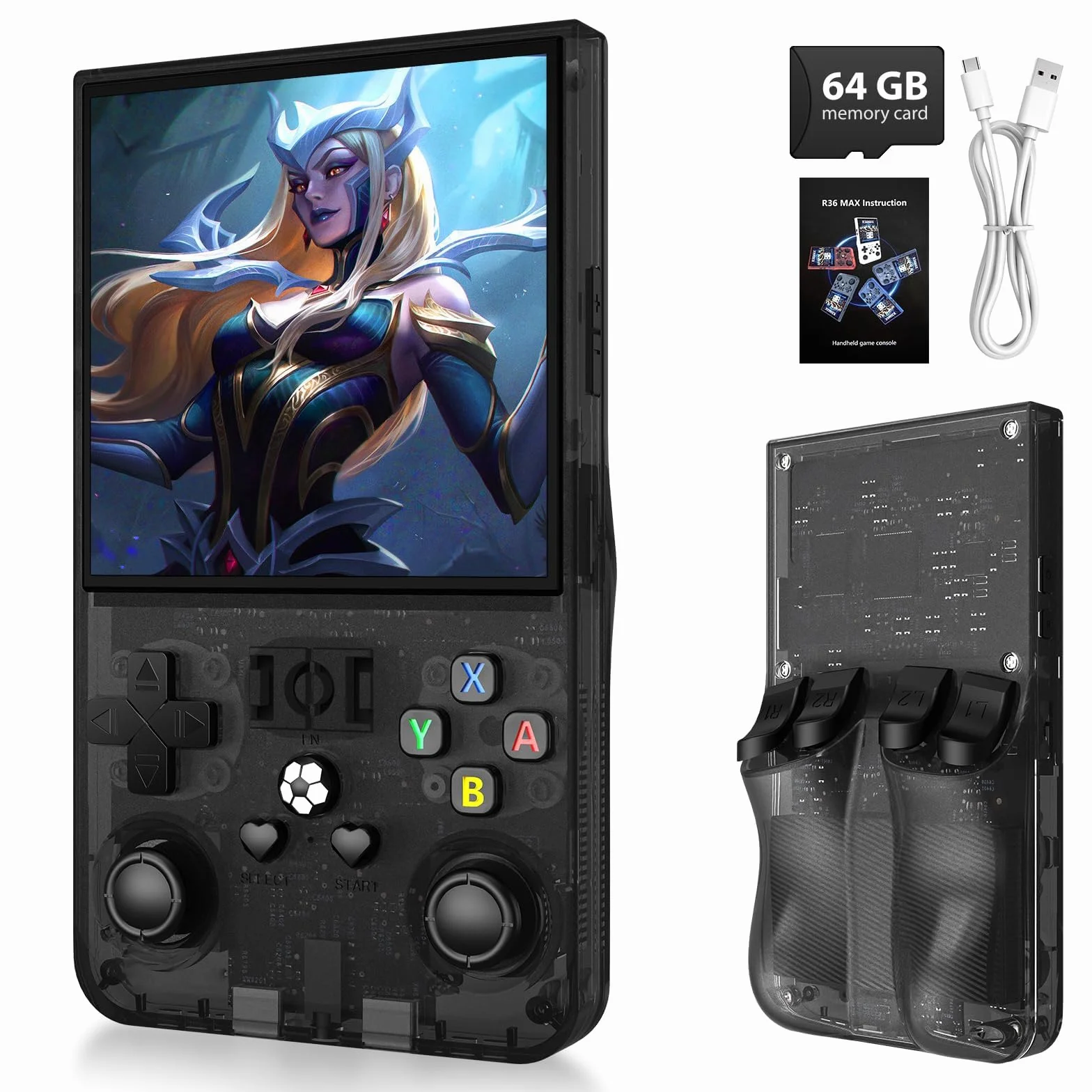 Console di Gioco Portatile Retrò R36MAX, Schermo IPS HD 4.0 pollici, Sistema Linux, 20+ Emulatori di Giochi Mainstream, Console di Gioco Retro, Batteria 4000mAh, Scheda TF 64G Integrata, Nero