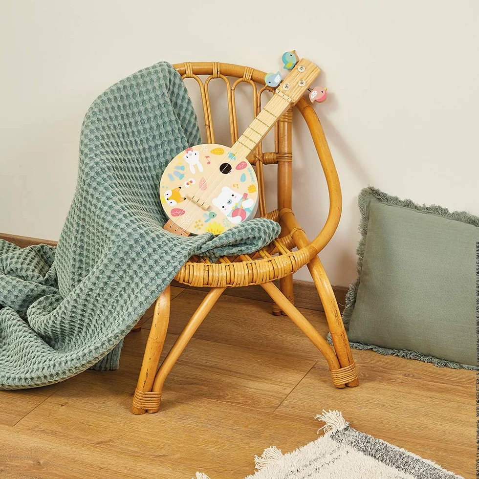 Janod Banjo Pure in Legno per Bambini 3-8 Anni con Illustrazioni, 3 Corde di Ricambio
