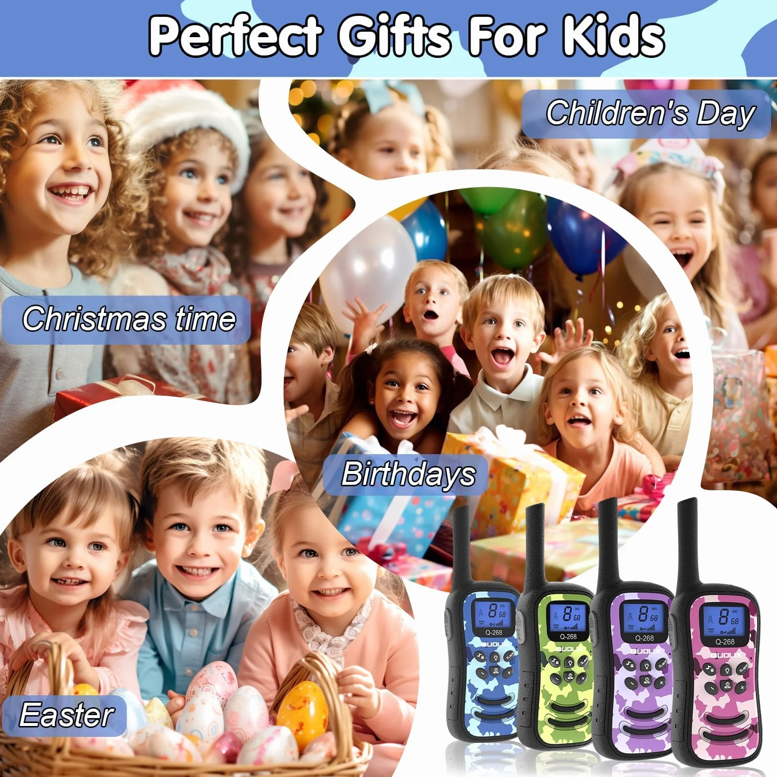 QUOLIX Walkie Talkie Ricaricabili per Bambini, Radio 8 Canali a Lunga Distanza con Torcia, Blu+Verde