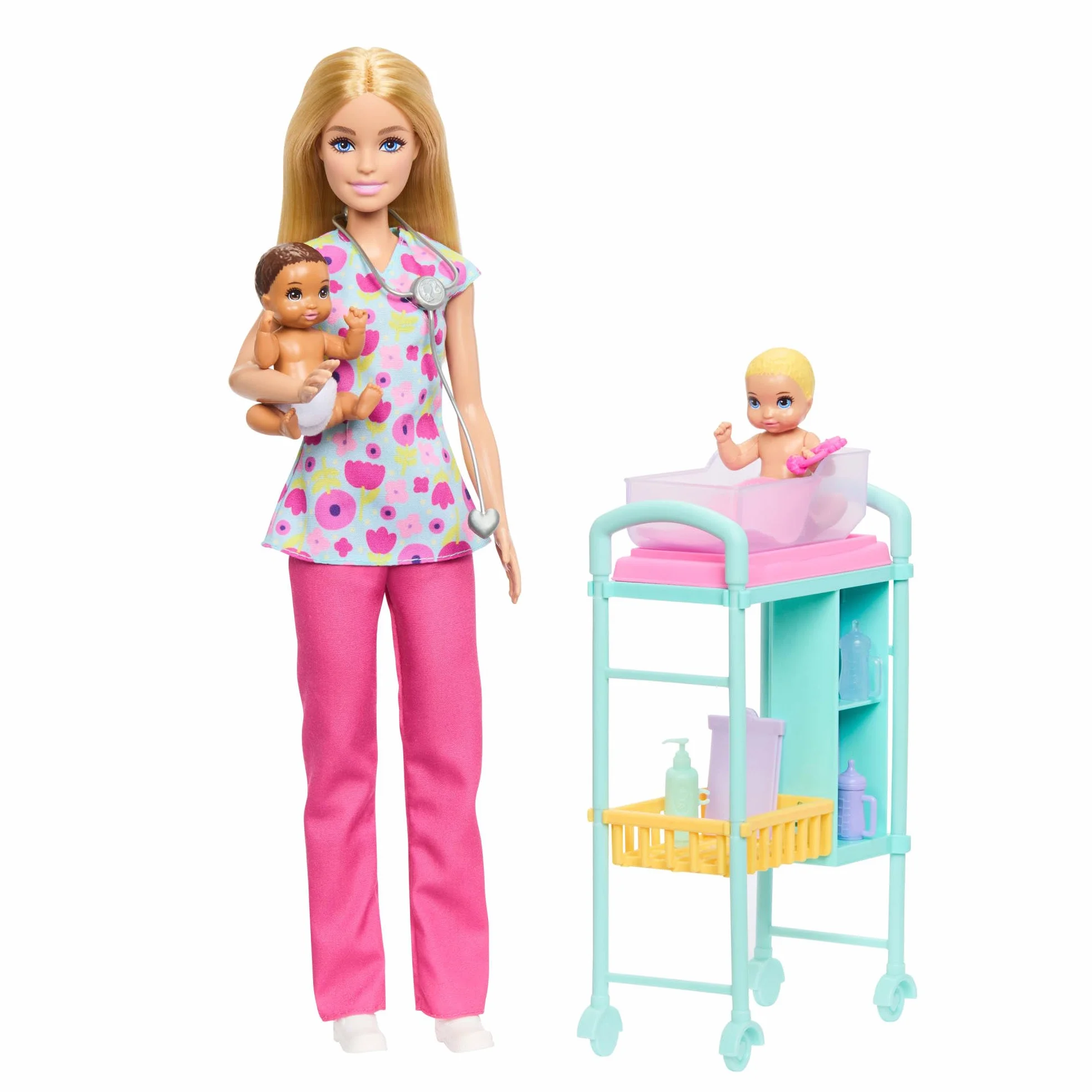 Barbie Carriere - Pediatra, set con bambola bionda con camice a fiori colorato, 2 mini bambole neonati, lettino per le visite e accessori a tema inclusi, 3+ anni, JMK12