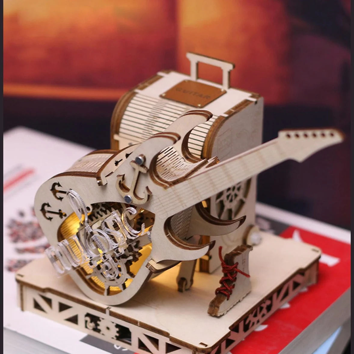 Kit di costruzione in legno 3D, carillon per chitarra, trasmissione meccanica, modello in legno per adulti, da costruire, decorazione per la casa, regalo di compleanno di Natale (150 pezzi)