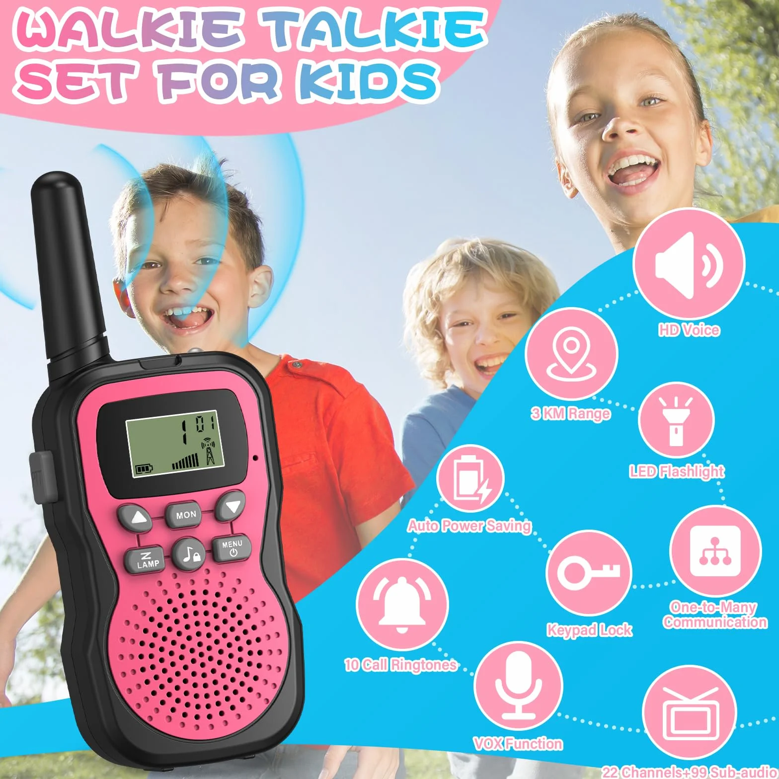 Apkezel Walkie Talkie Bambini 3 Pezzi Ricaricabili 1000 mAh 3km con Torcia VOX