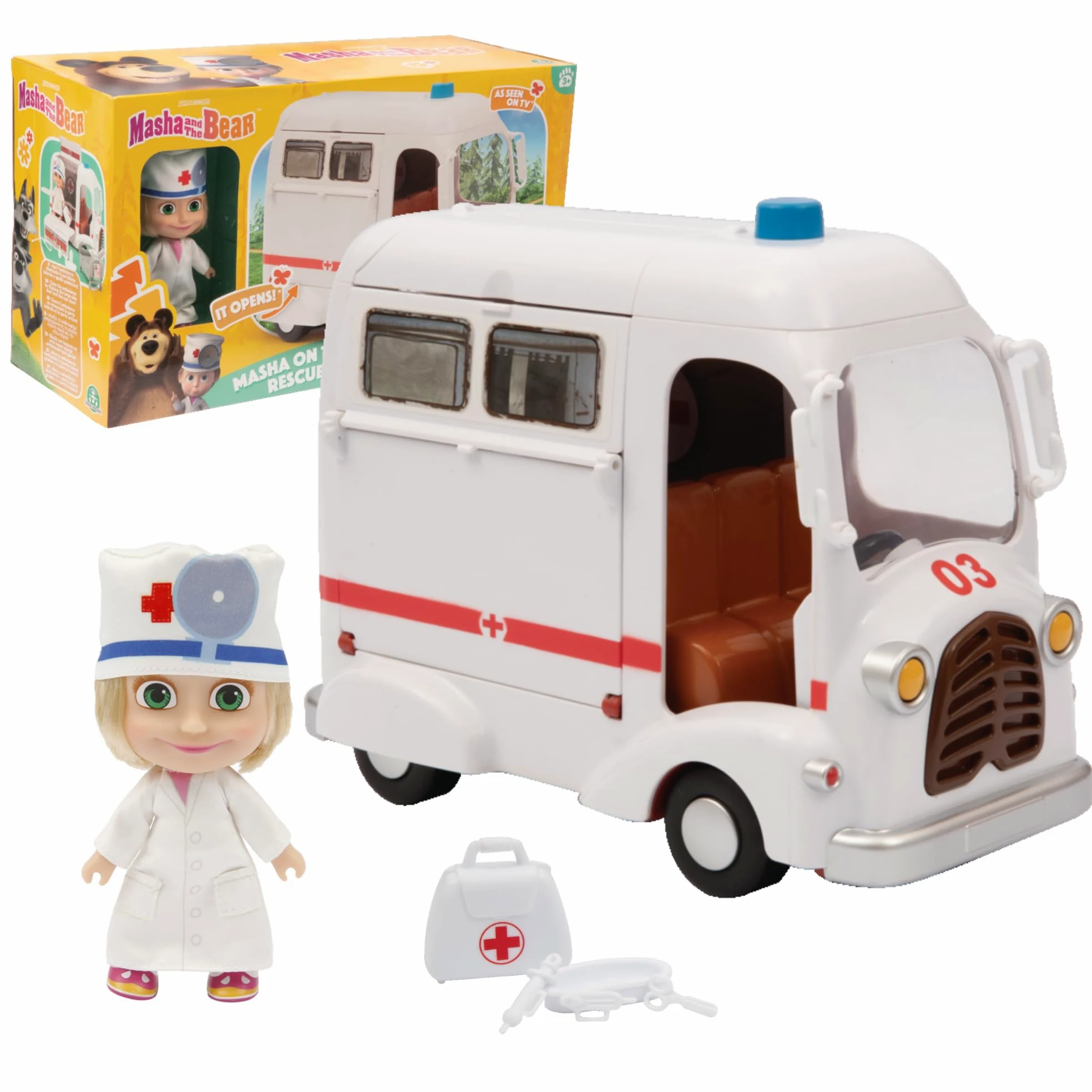 MASHA & THE BEAR - Ambulanza Di Masha E Orso, Veicolo Con Vano Apribile E Bambola Masha Dottoressa Da 12 Cm Inclusa, Ricca Di Accessori, Per Bambini e Bambine dai 3 anni
