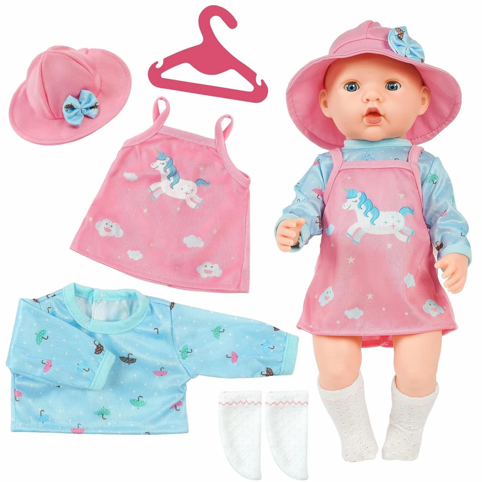 Aolso Vestiti per Bambole per New Born Baby Doll, Abito per Bambolotti 35-45CM, Vestito Stampa con Cappello, con 1 paio di Calzini e 1 Gruccia, Rosa e Blu (Bambola non Inclusa)
